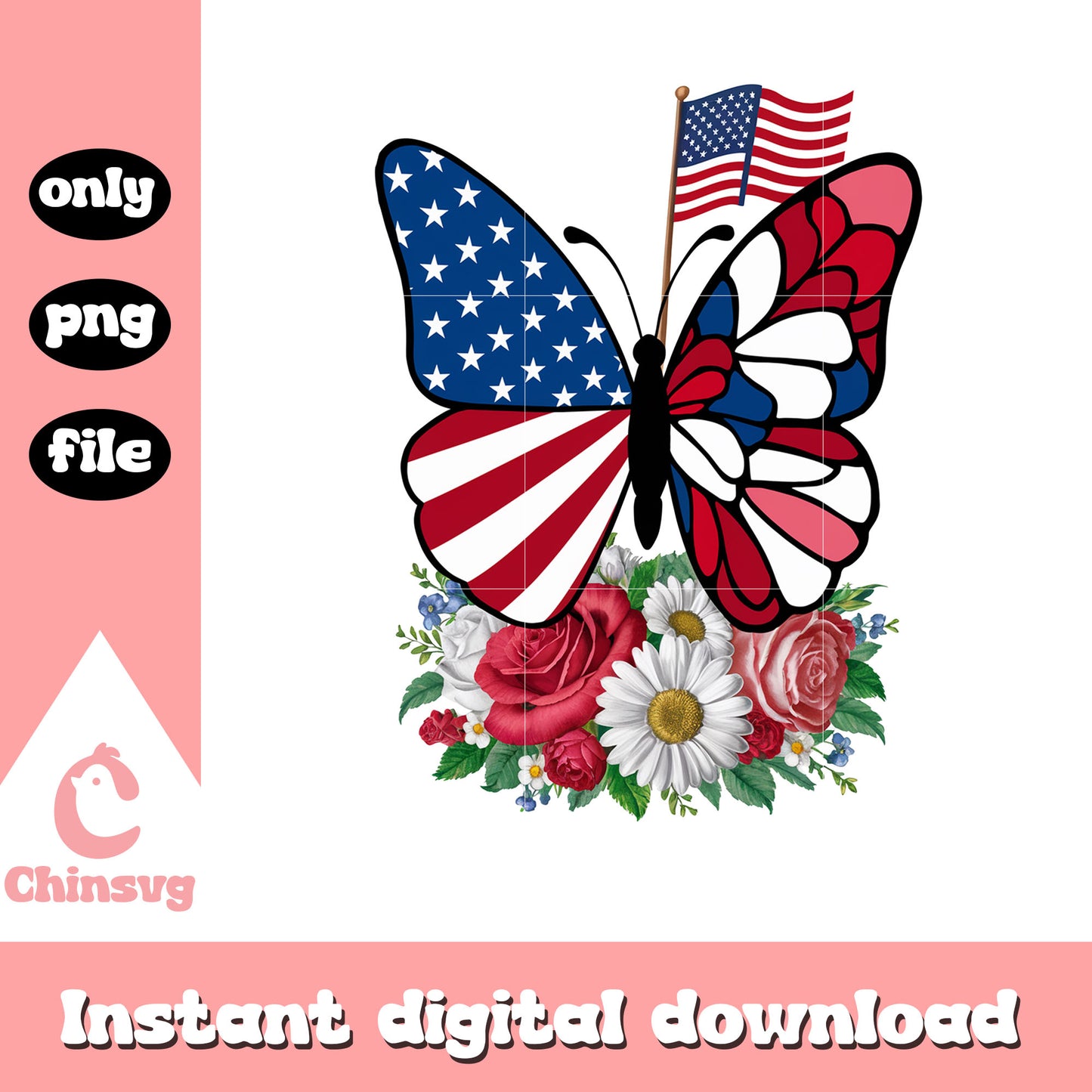 4th of july american flag butterfly floral png, 4th of july png