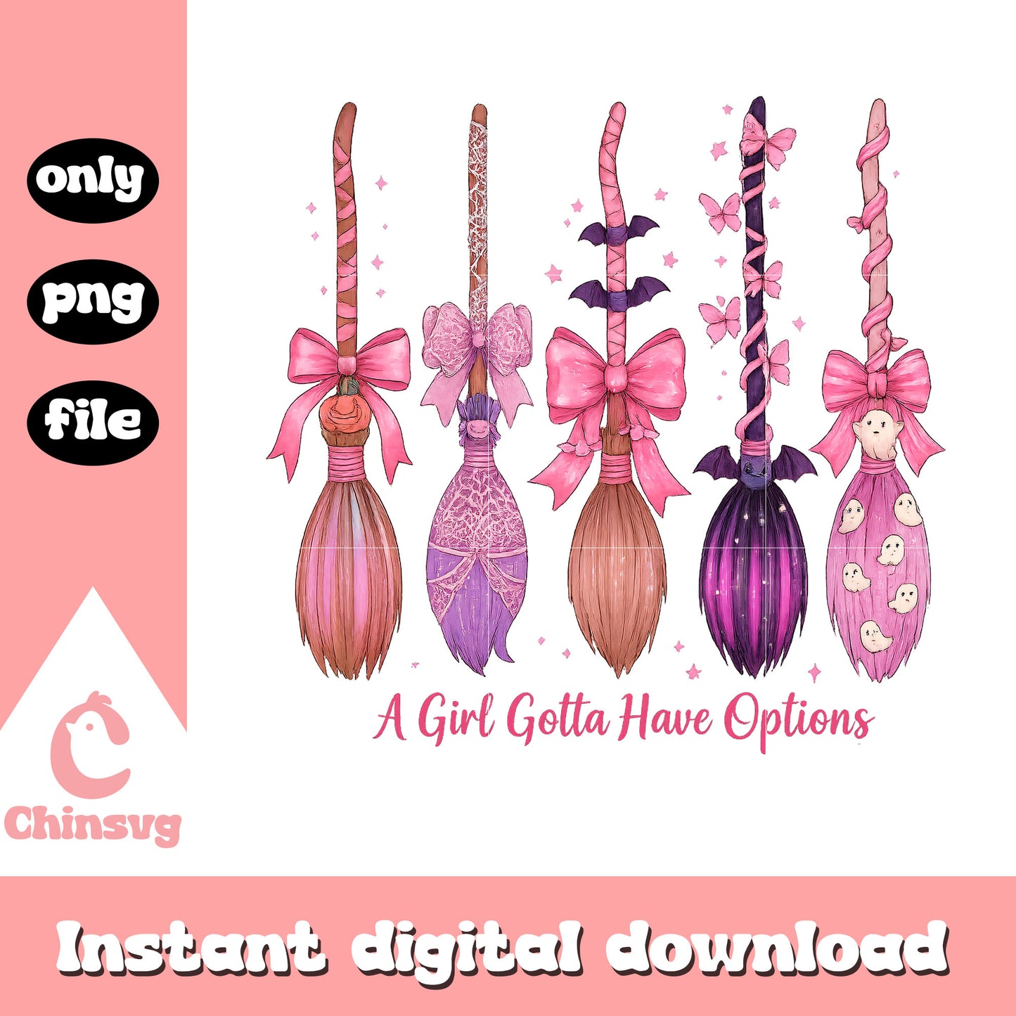 A Ggirl gotta have options pink halloween png, patchwork witch brooms png