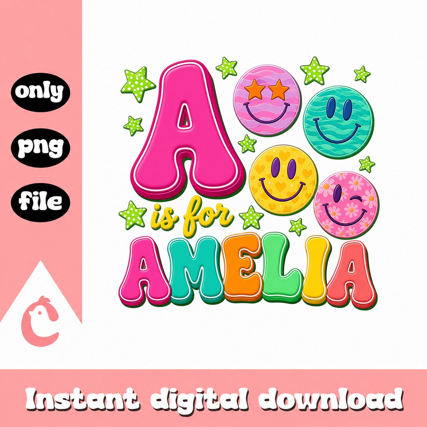 A Is For Amelia PNG, Custom Name Smiley Face, Birthday PNG