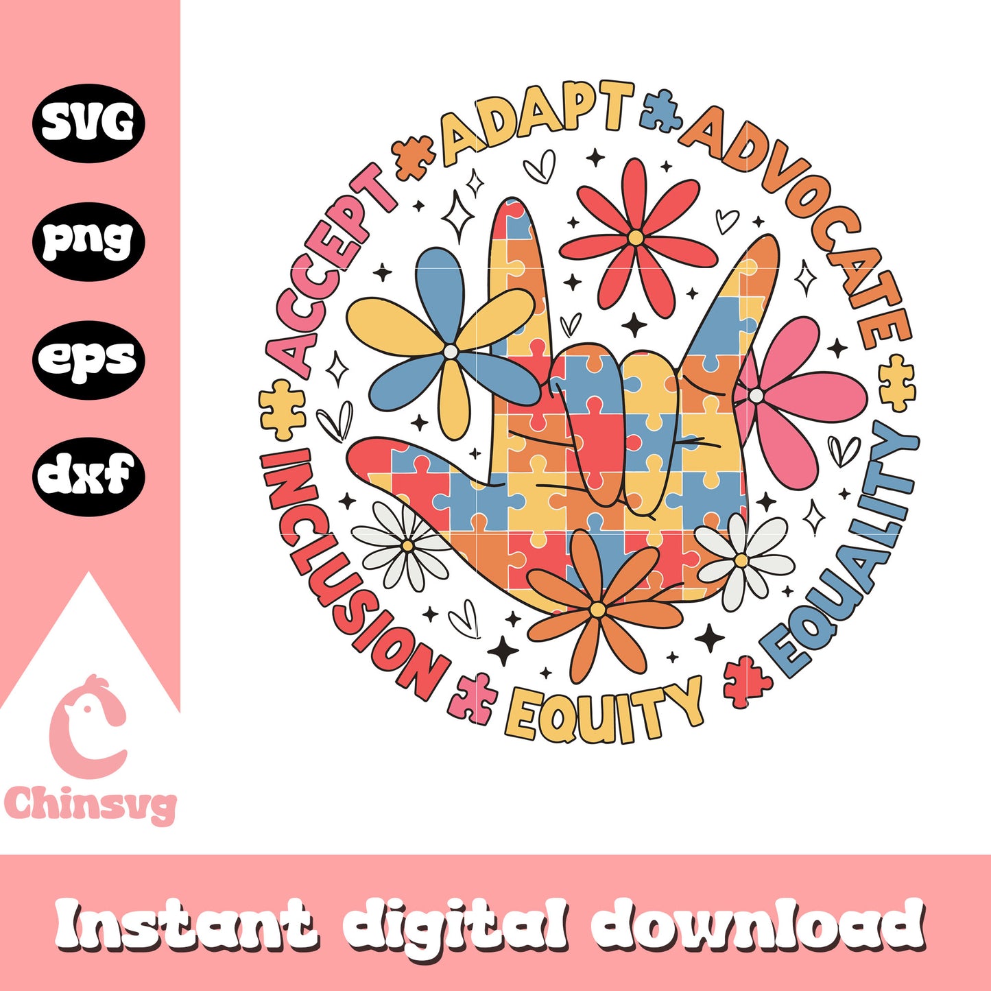 Accept adapt advocate inclusion svg, autism awareness quotes svg