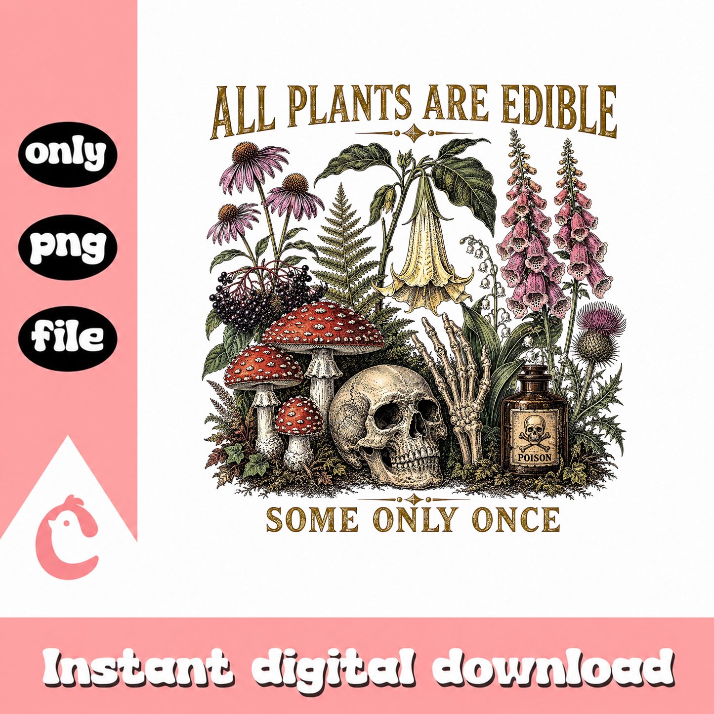 All Plants Are Edible Some Only Once PNG, Skull Mushroom, Funny PNG