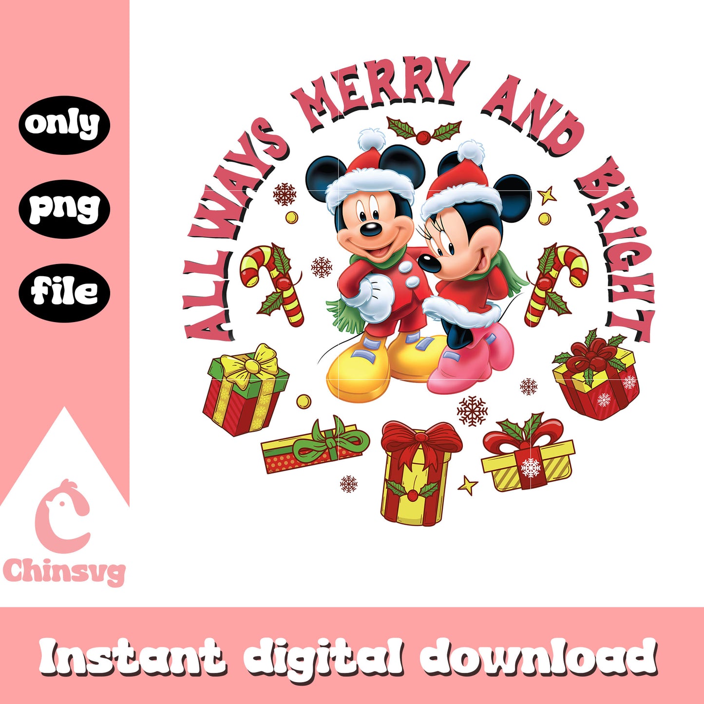 All ways merry and bright christmas day png, minnie and mickey png