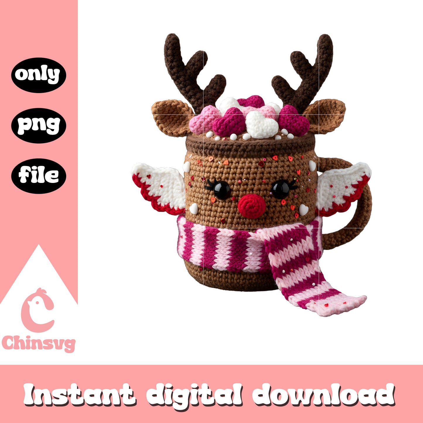Angel reindeer crochet valentine png, valentine angel png