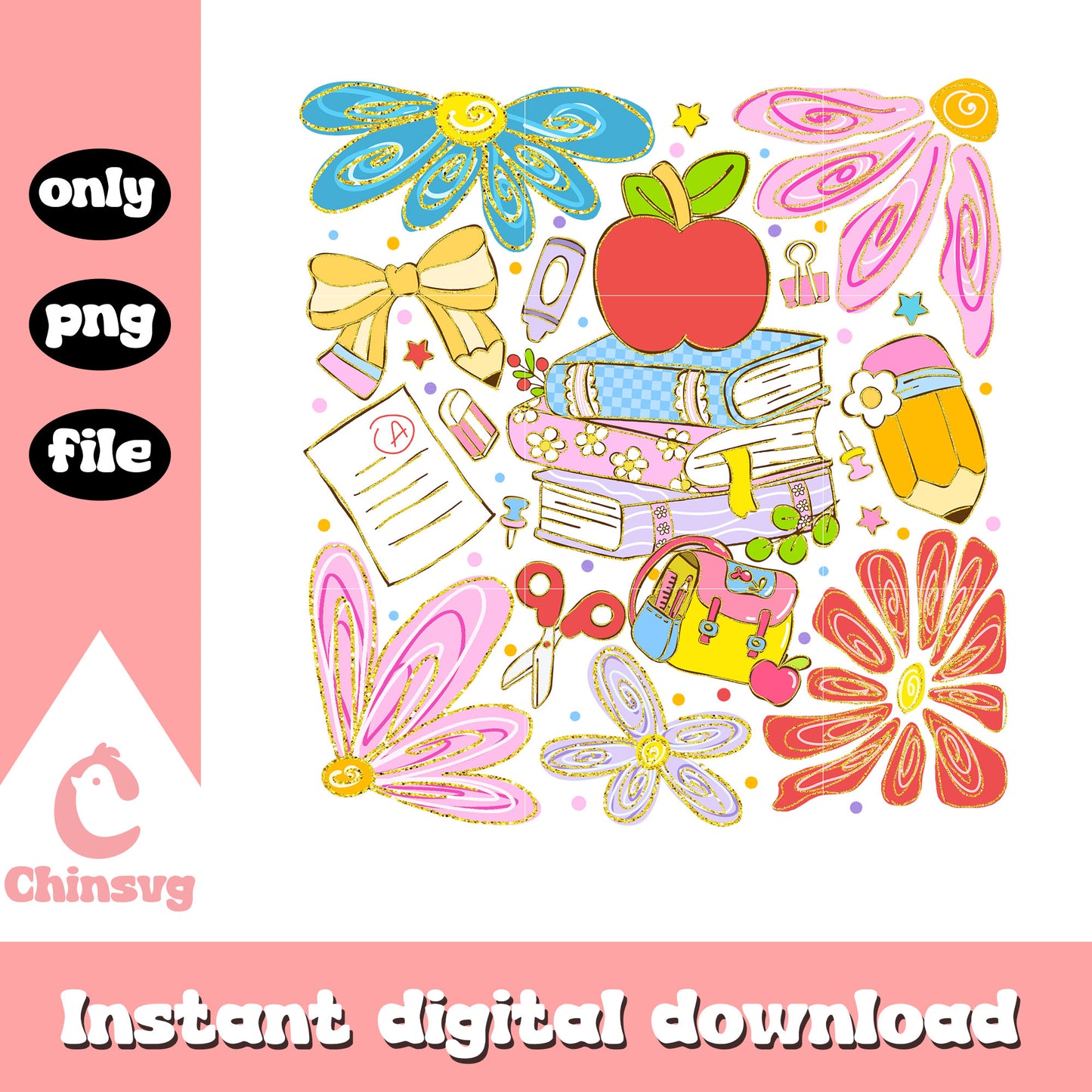 Apple books floral clipart design png, back to school season png