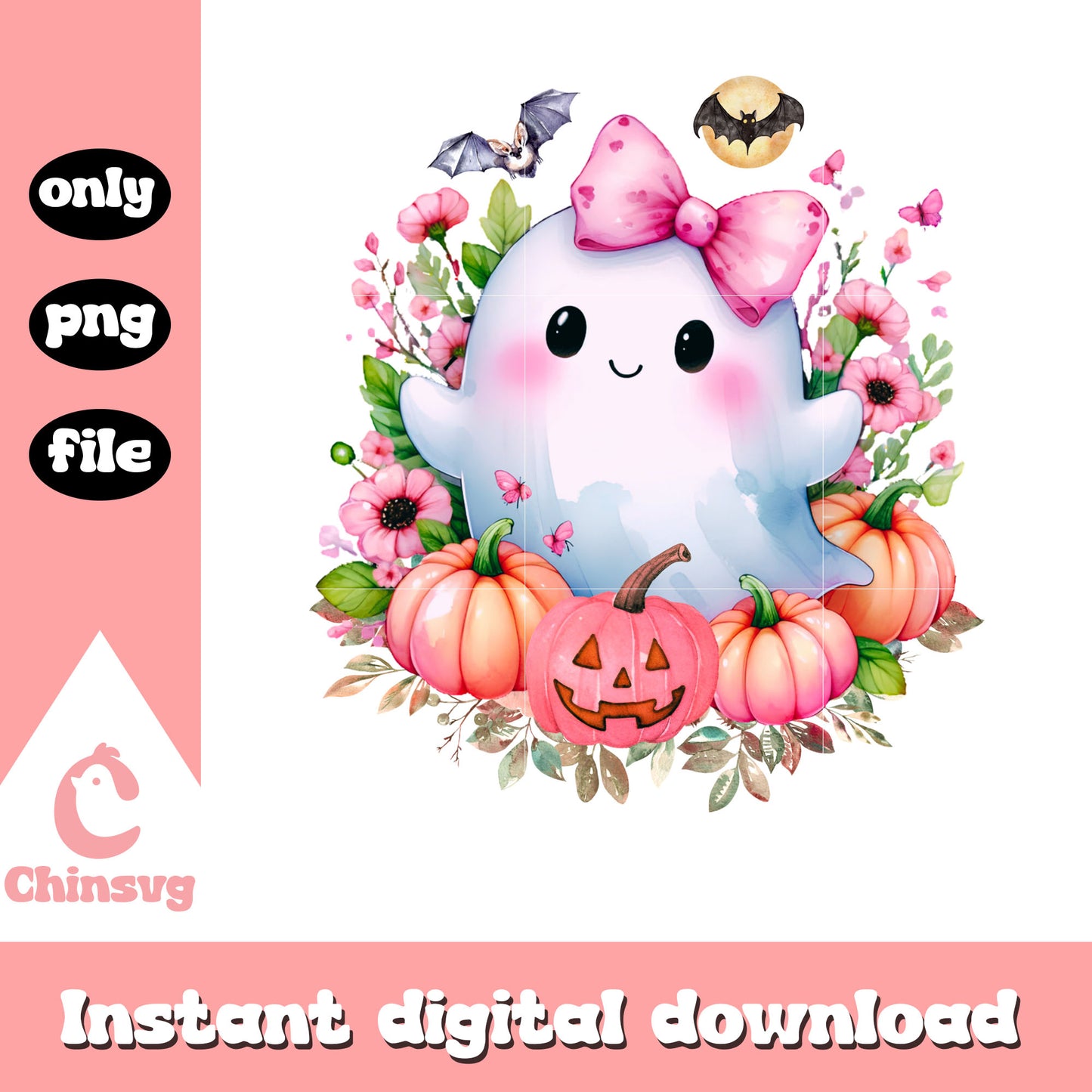 Baby cute ghost pink coquette floral png, ghost halloween png