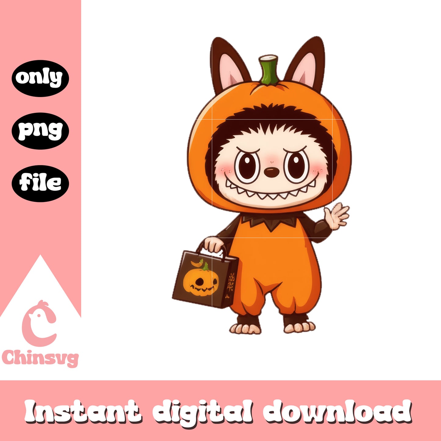 Baby monster labubu pumpkin hand bag halloween png, halloween png