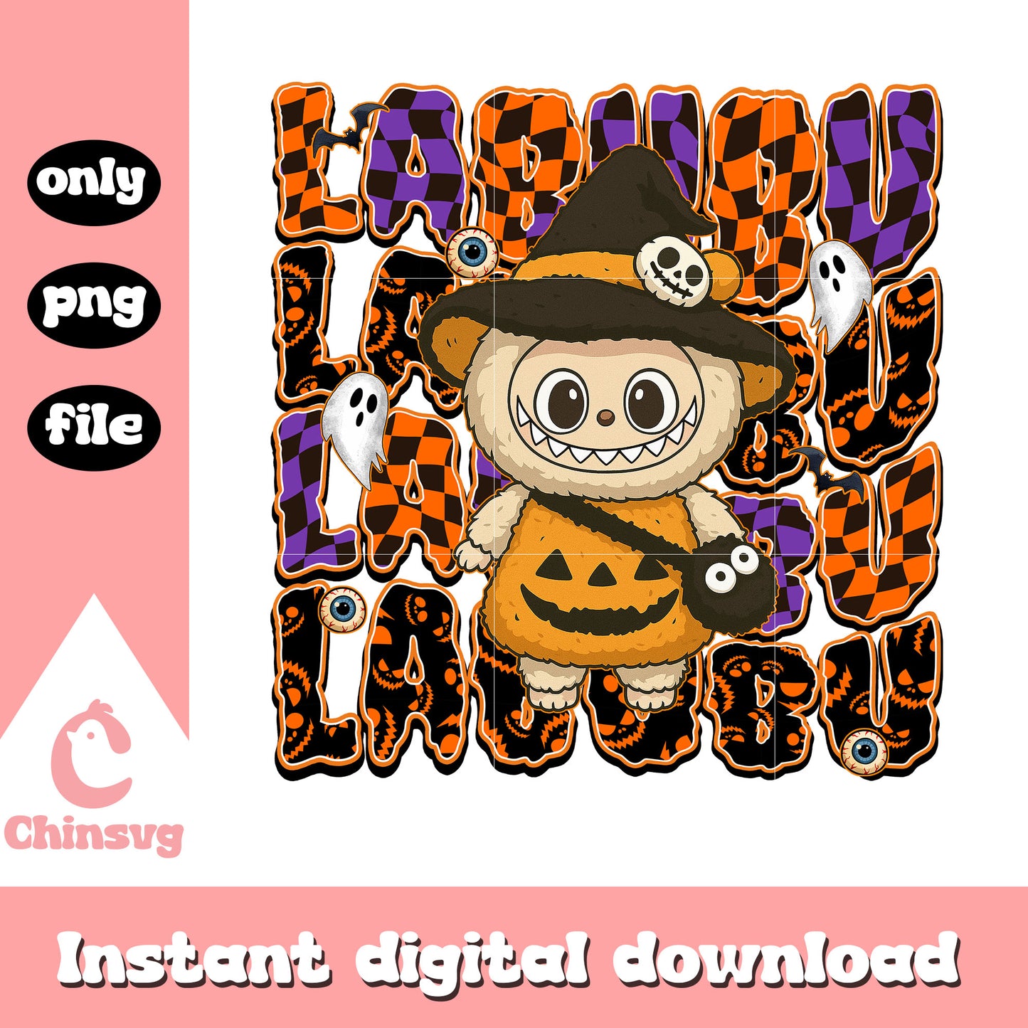 Baby witch pumpkin labubu doll design png, halloween png