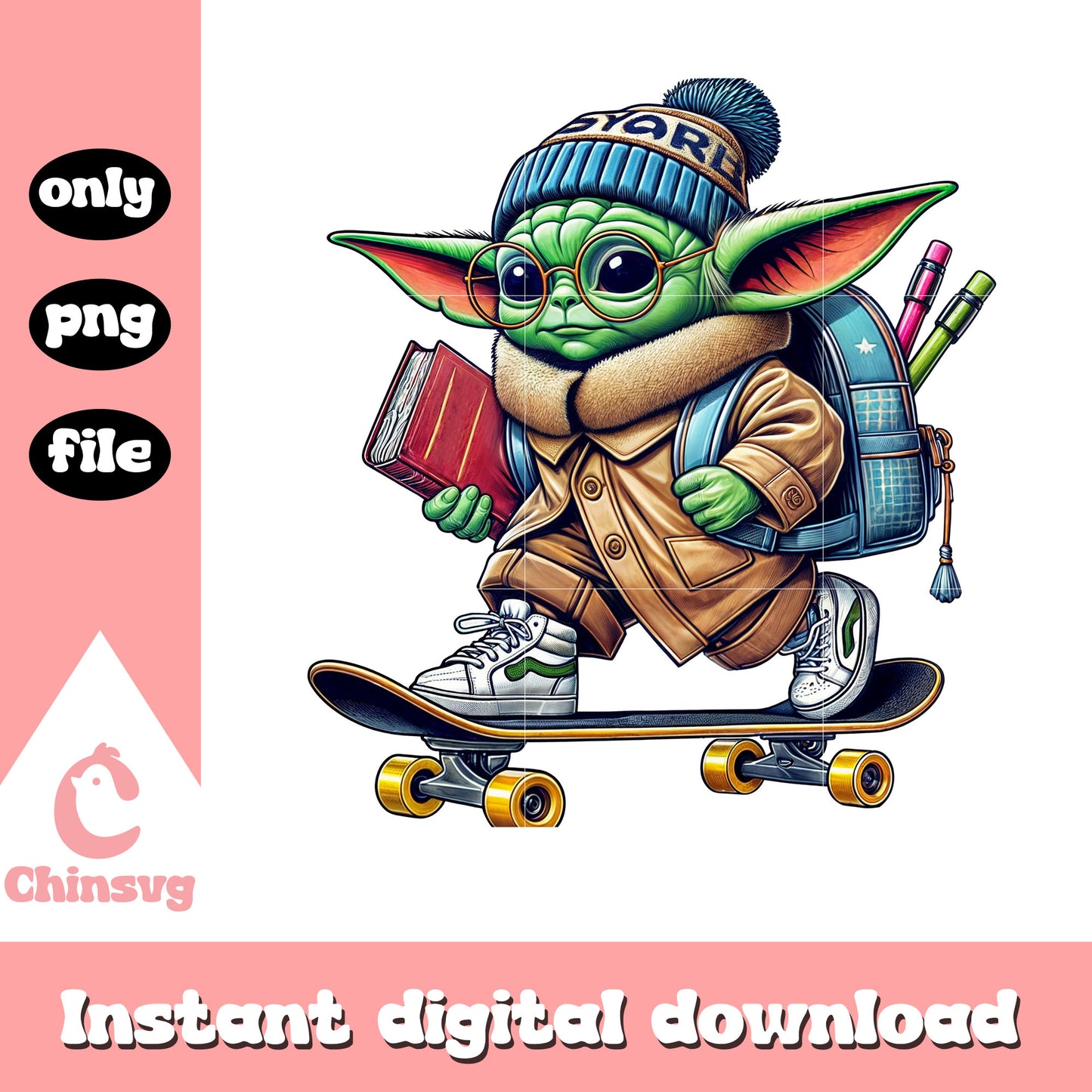 Baby yoda skateboarding to school design png, baby yoda png