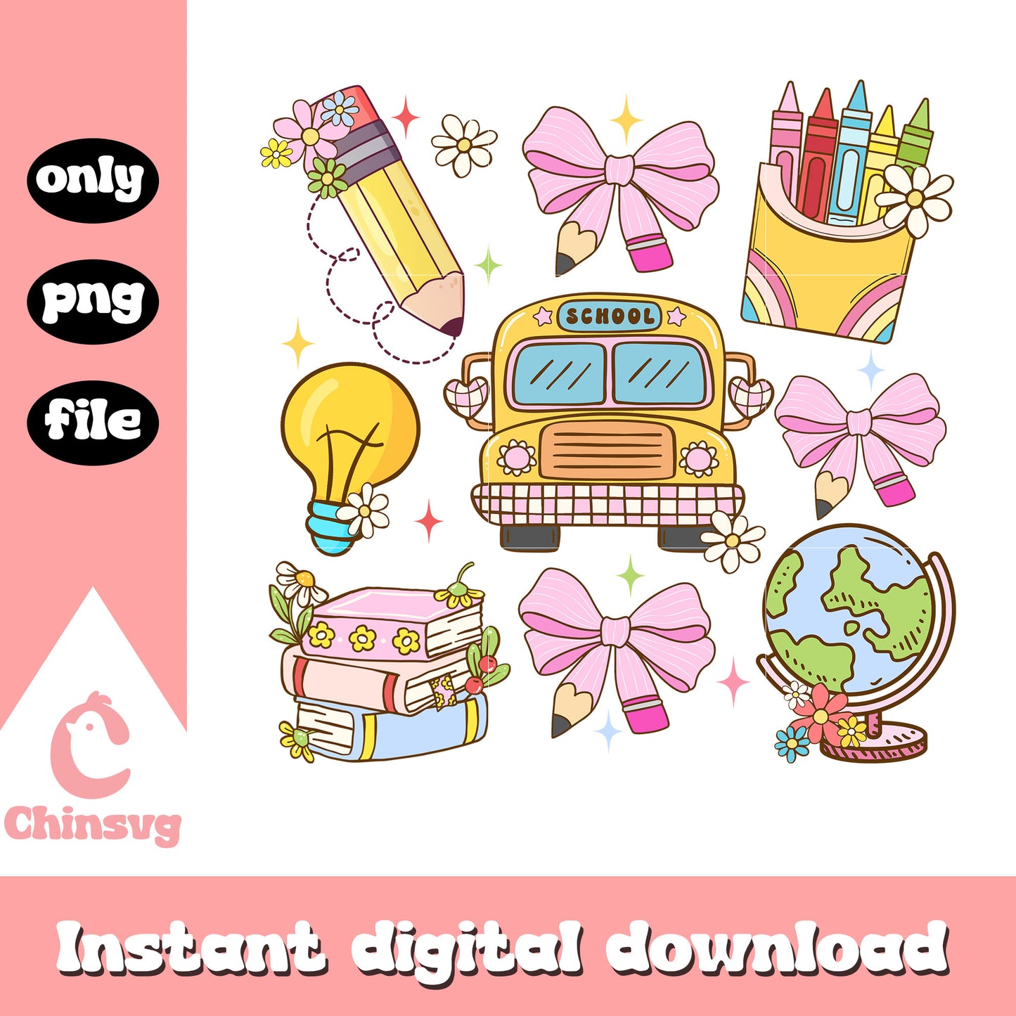 Back to school coquette bow clipart design png, school decor png