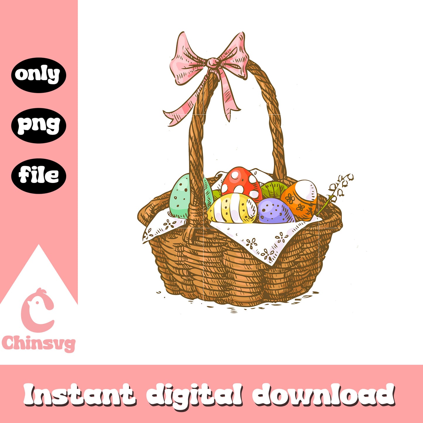 Basket easter eggs design png, easter eggs png, vintage png