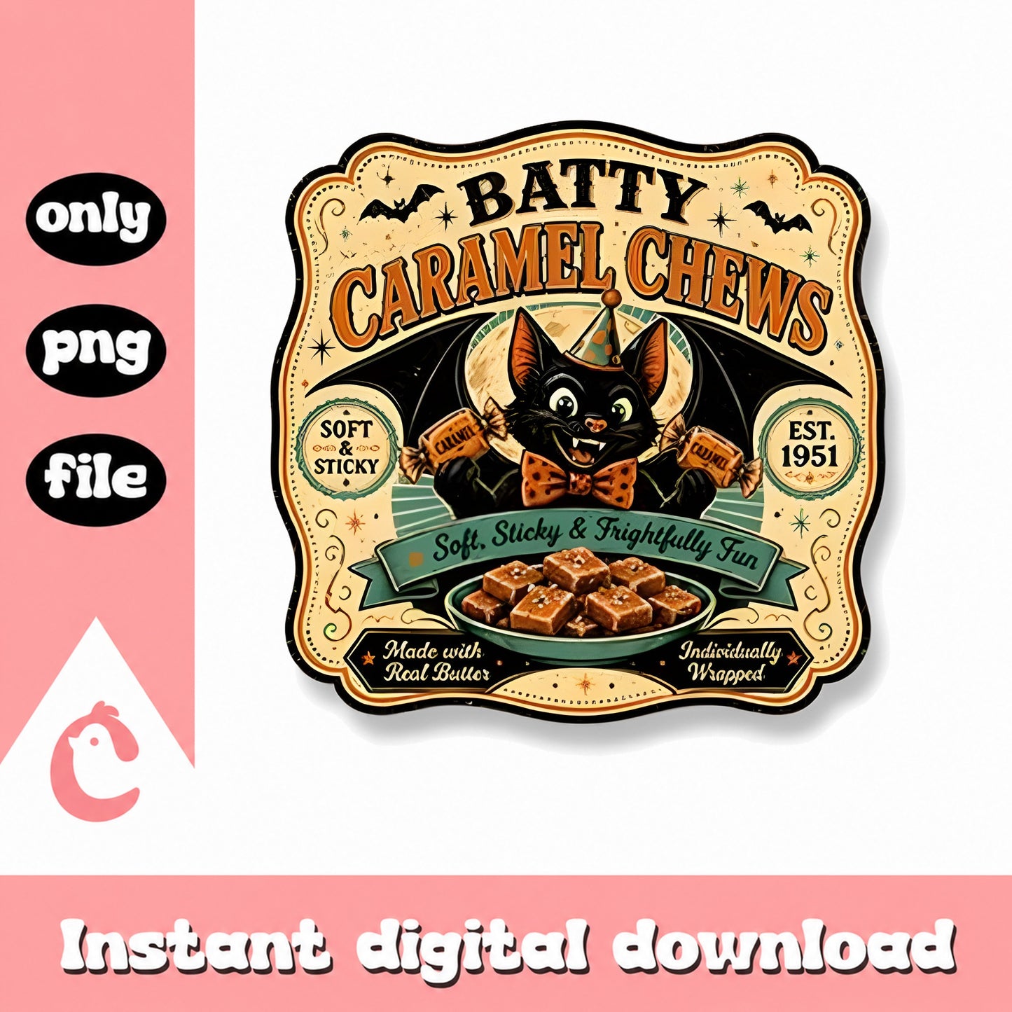 Batty Caramel Chews Bat PNG, Vintage Halloween Label, PNG File