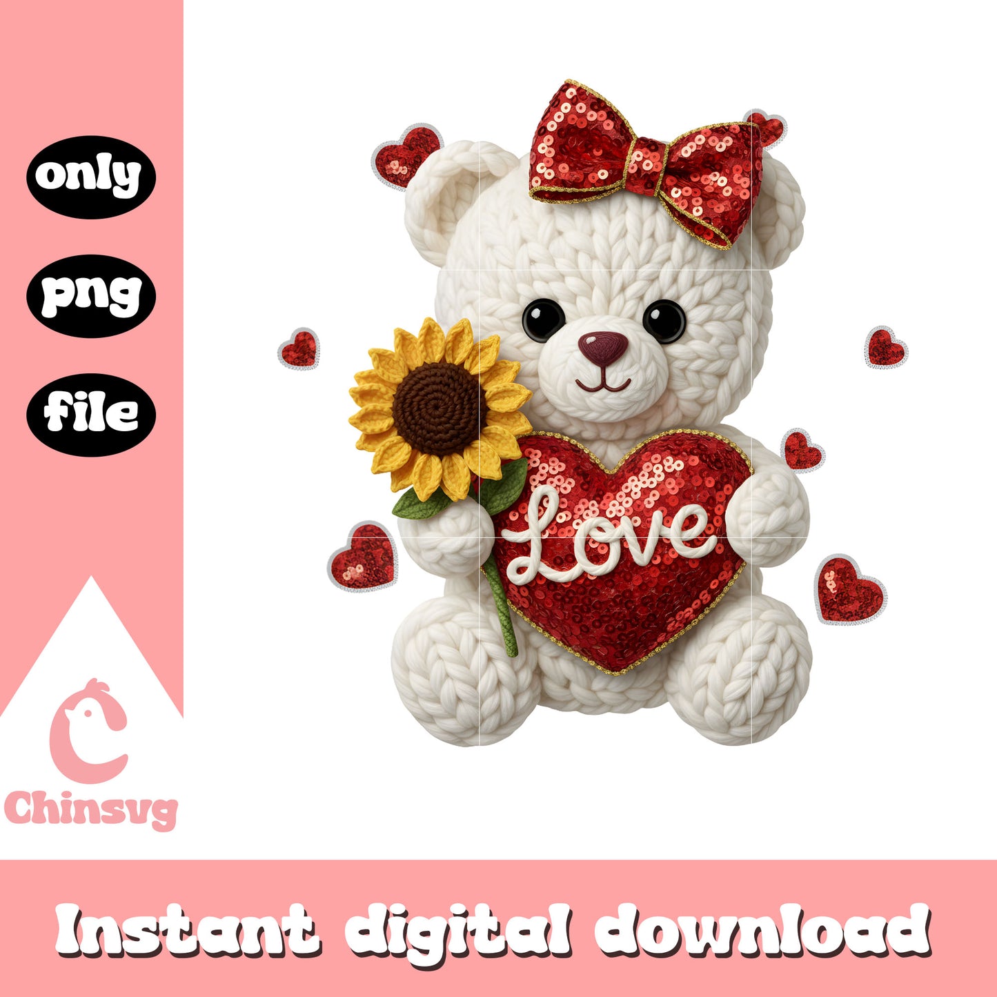 Bear design flower crochet png, valentines day bear png
