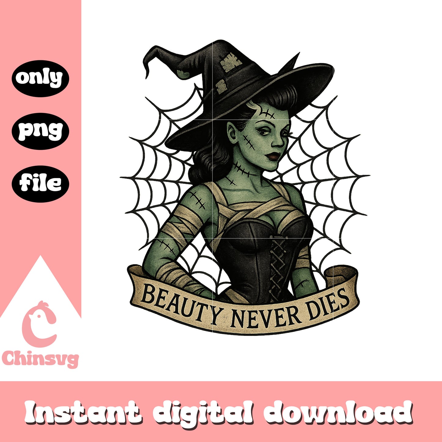 Beauty never dies girl halloween design png, witch halloween png