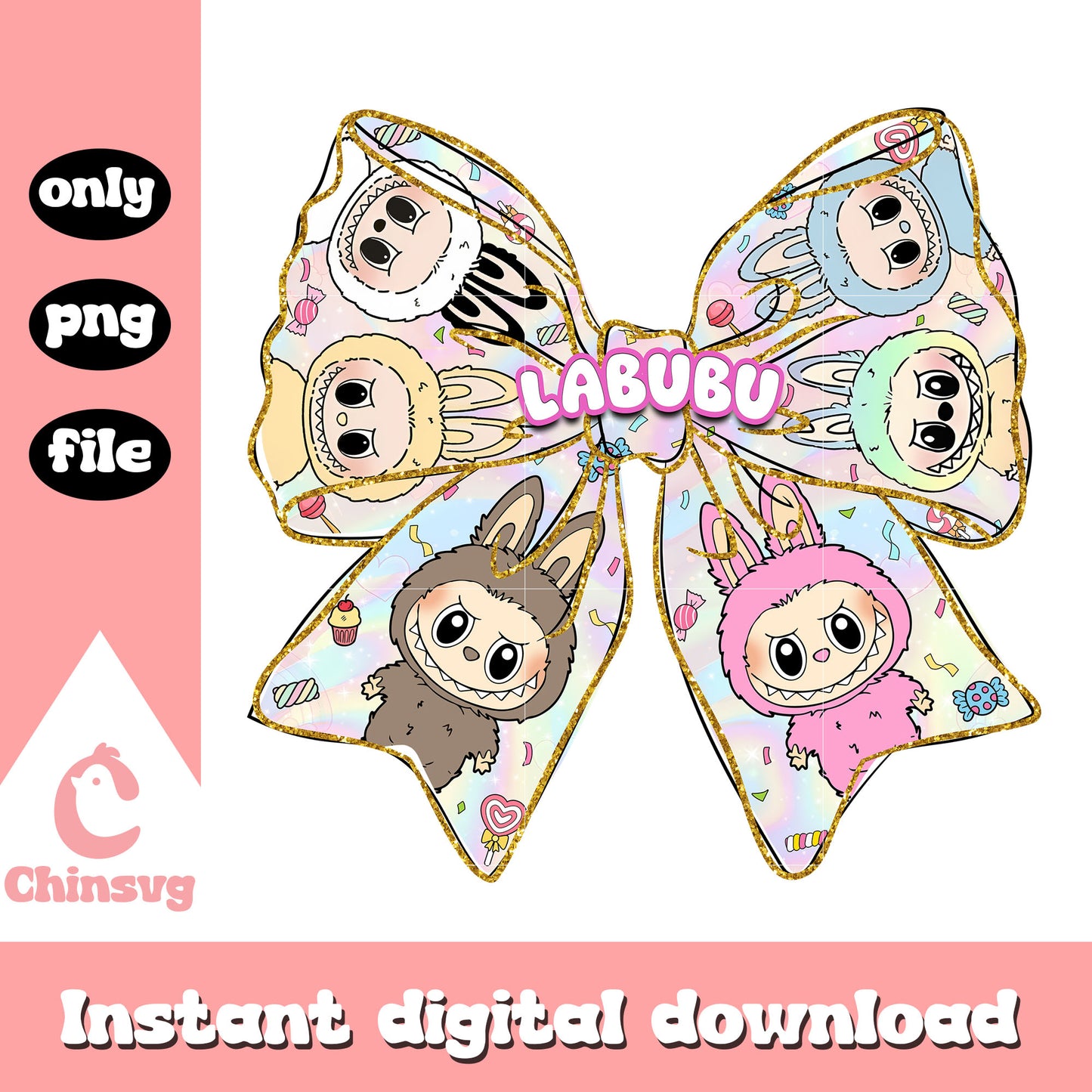 Big bow tie labubu doll design png, labubu decoration png