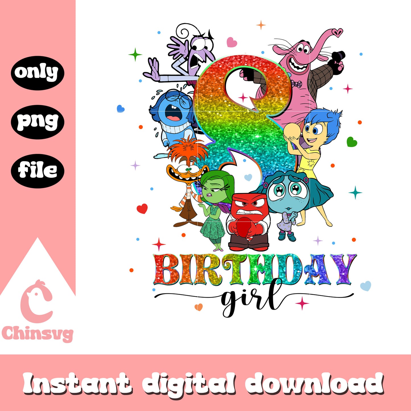 Birthday girl 8 inside out design png, inside out on disney png