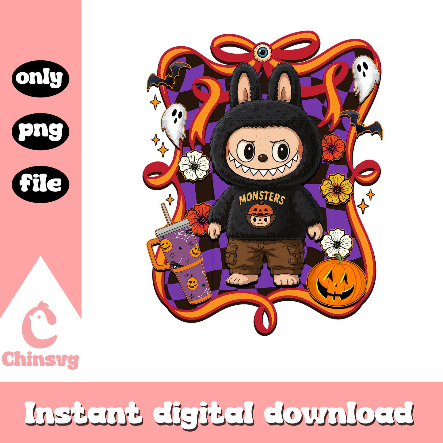 Black monster halloween labubu bow png, halloween monster png