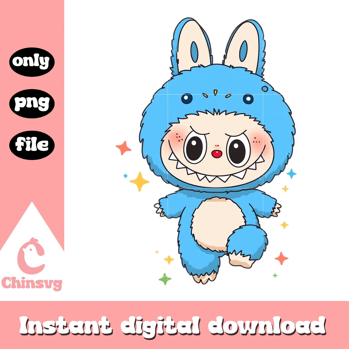 Blue baby cute labubu with sofa design png, labubu mmonster png