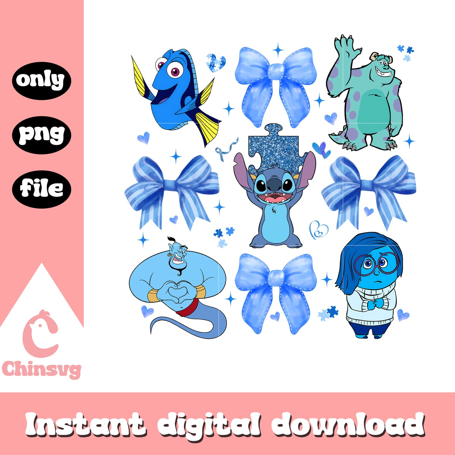 Blue bow and disney characters png, disney png, autism awareness png