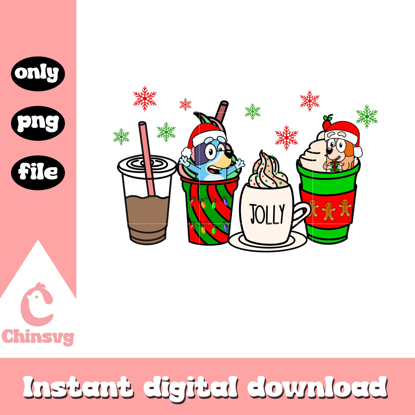 Bluey bingo jolly coffee cup christmas png, bluey and bingo christmas png