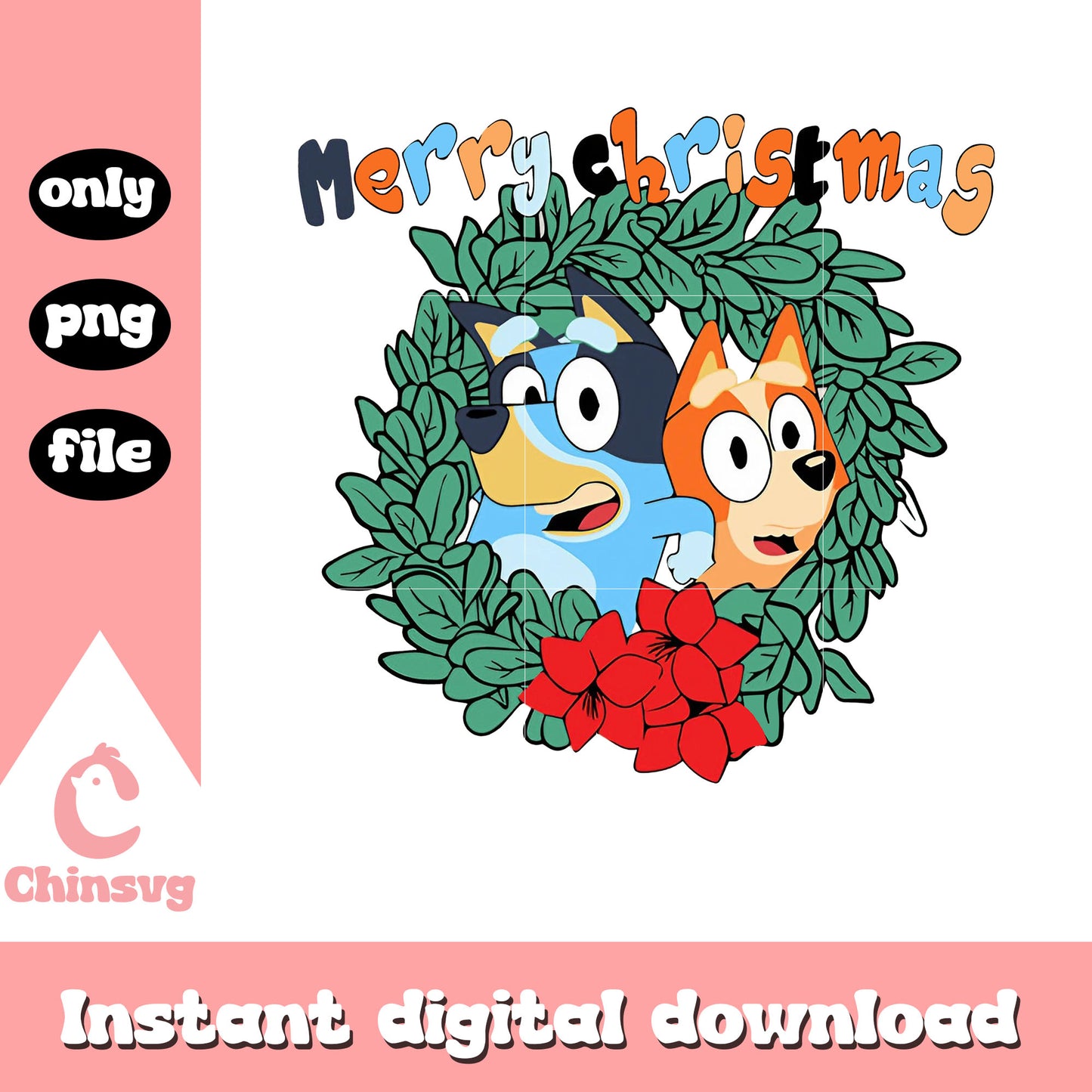 Bluey bingo merry christmas wreath png, bluey and bingo christmas png