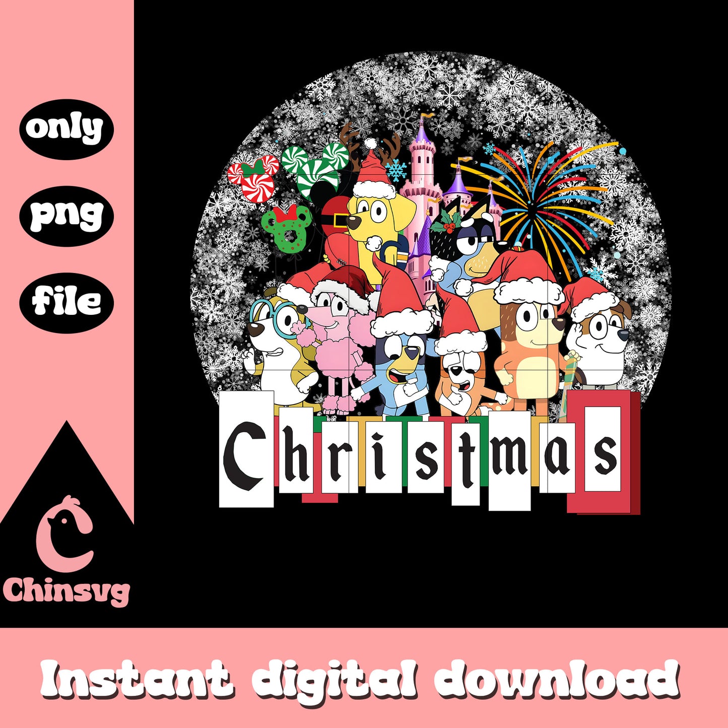 Bluey characters castle christmas design png, bluey merry christmas png