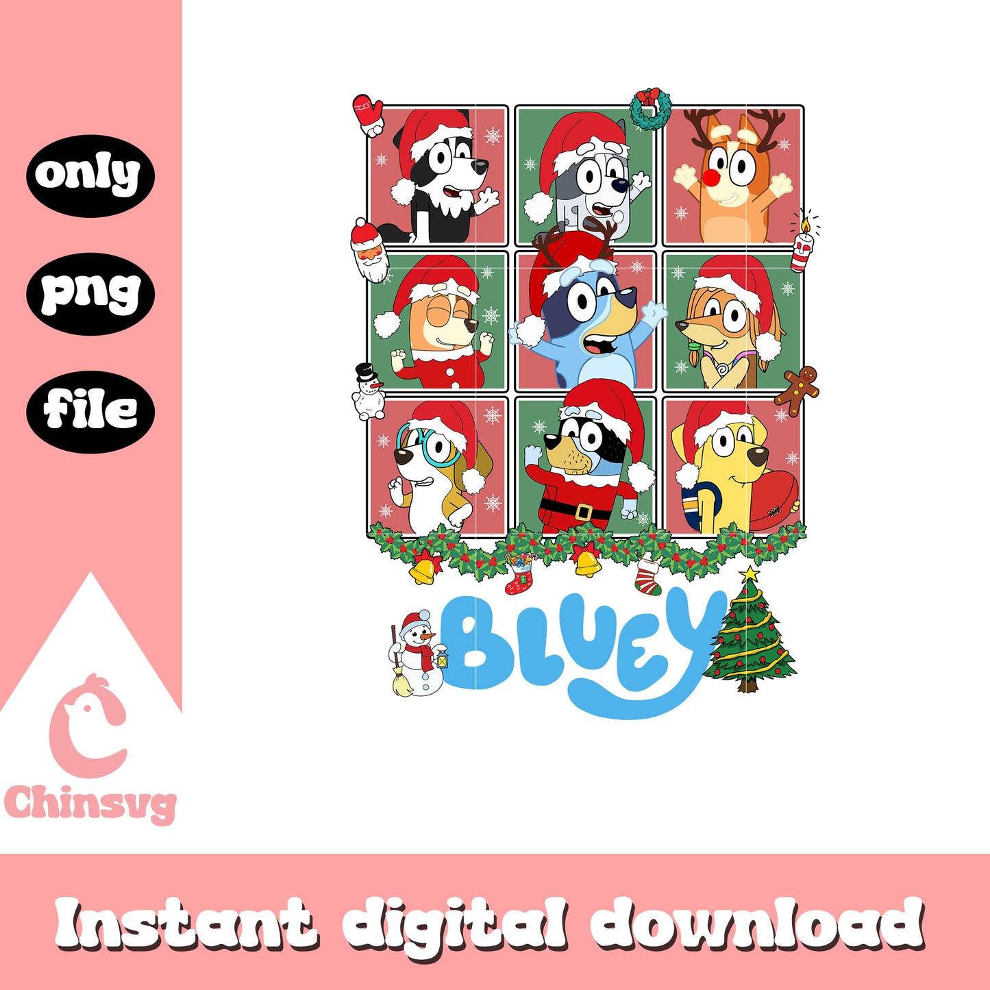 Bluey characters santa hat christmas png, bluey christmas png