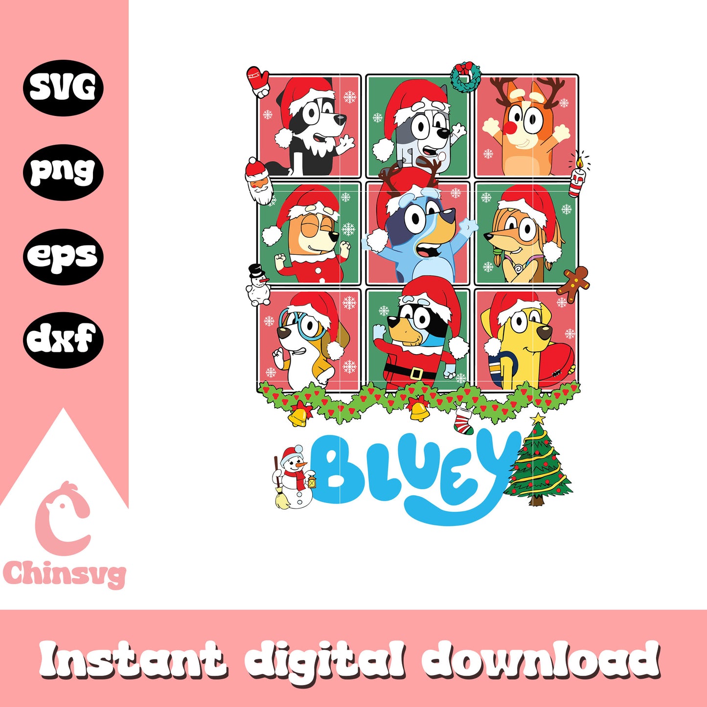 Bluey characters santa hat christmas svg, bluey christmas svg