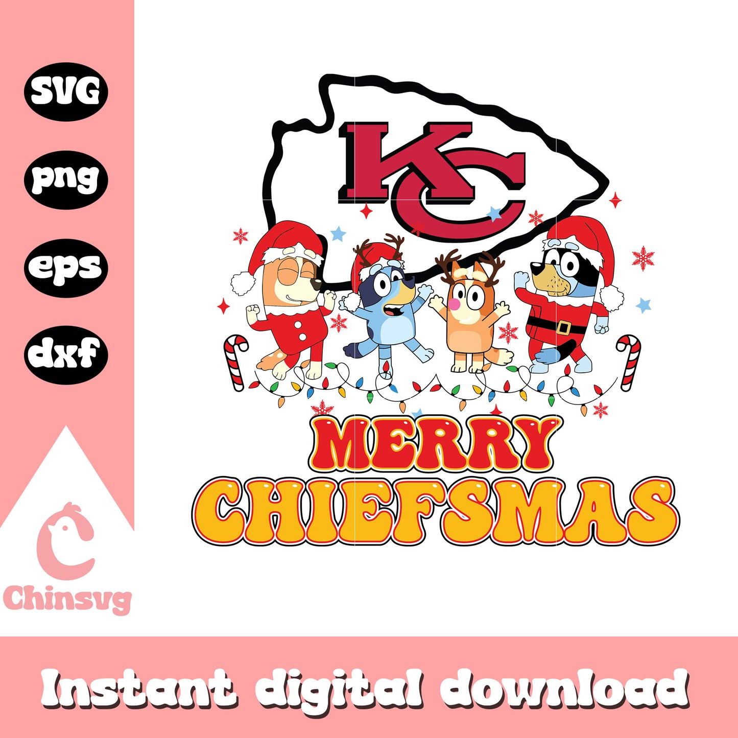 Bluey family merry chiefsmas svg, Kansas City Chiefs svg