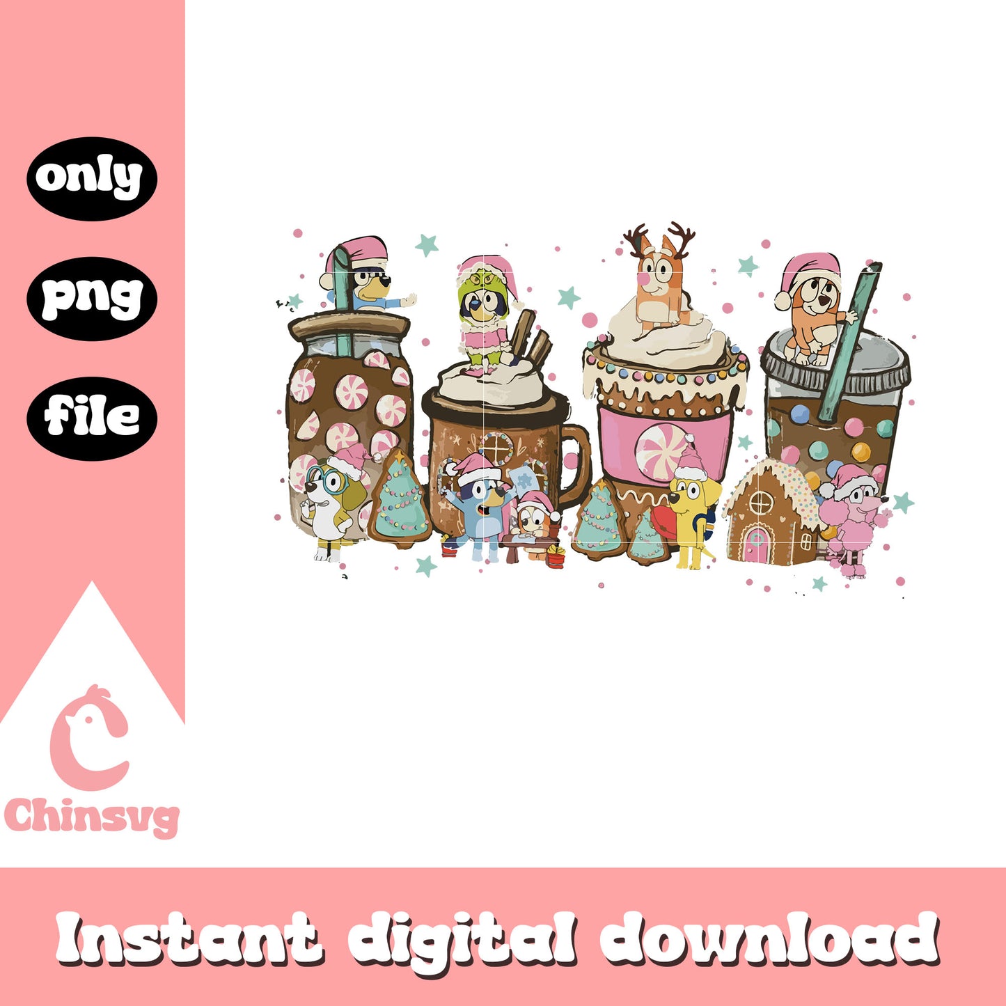 Bluey friends coffee cup christmas png, christmas bluey png