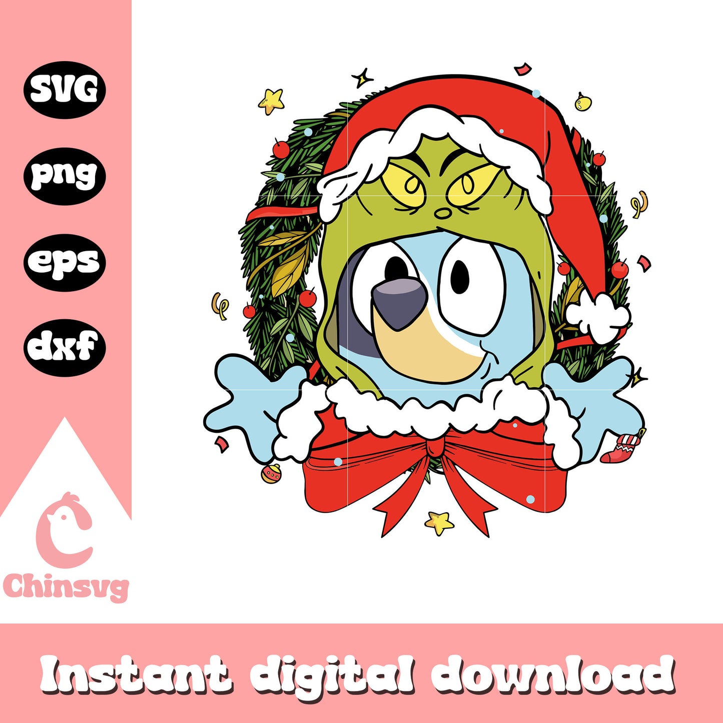 Bluey grinch wreath christmas funny svg, bluey christmas svg
