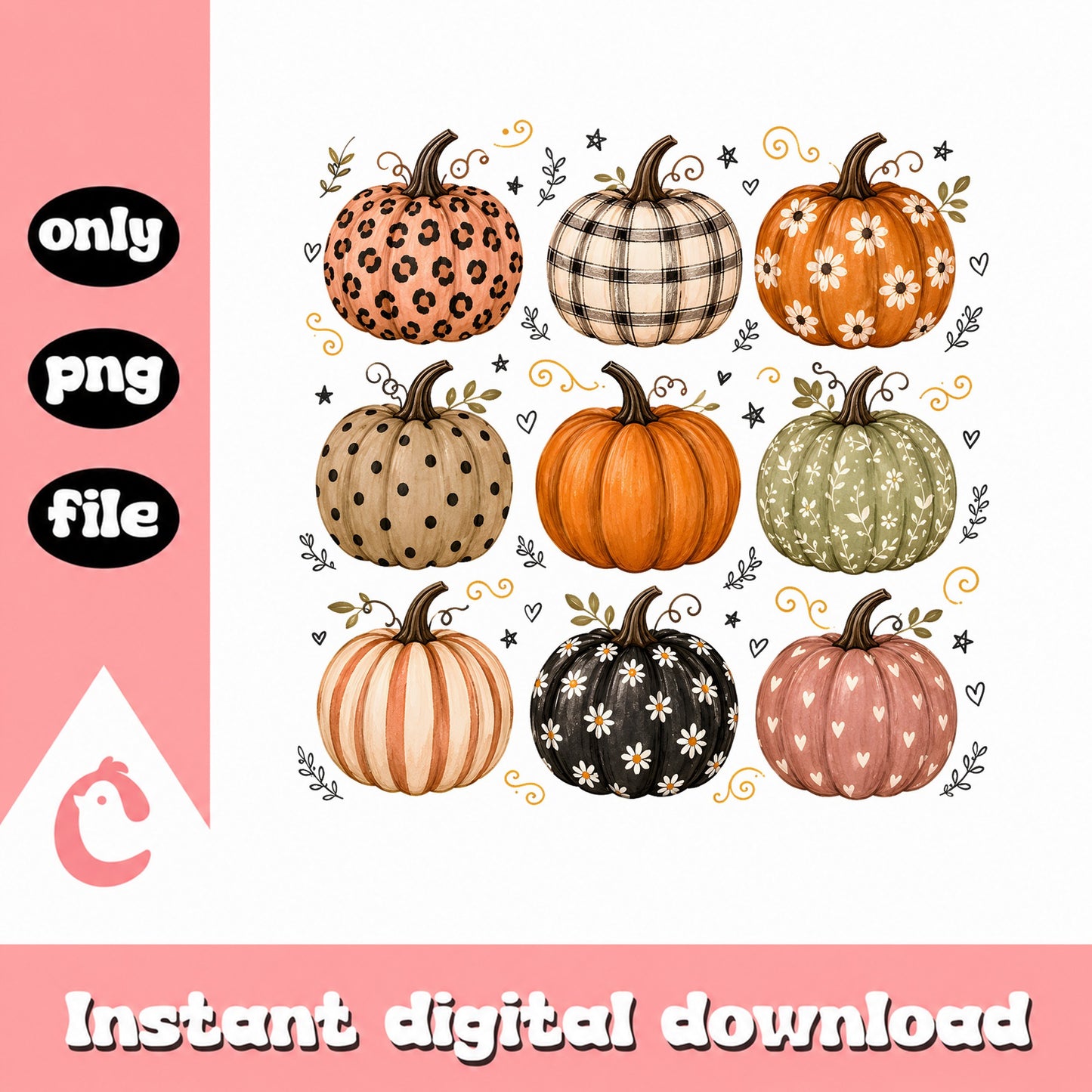 Boho Pumpkin Bundle PNG, Fall Halloween Pumpkins, Autumn PNG