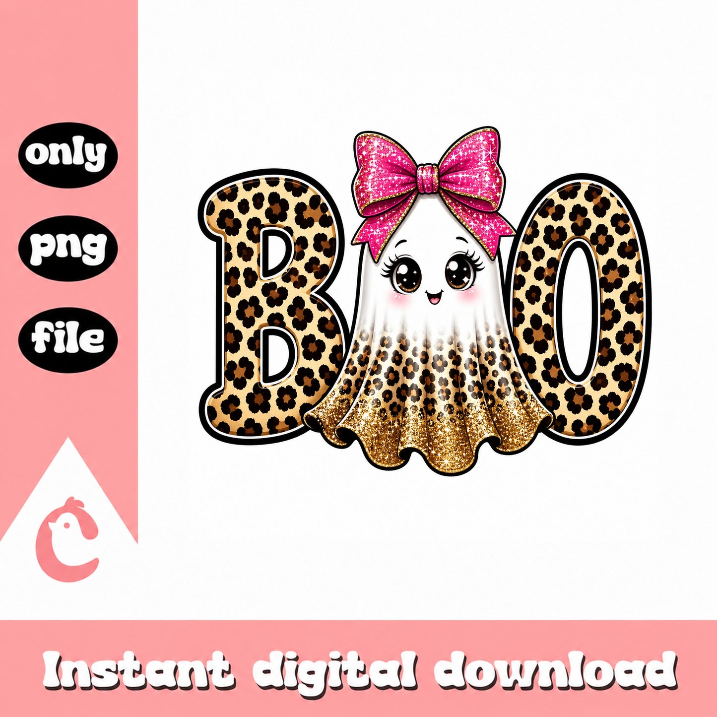Boo Ghost Leopard Halloween PNG, Cute Ghost Bow PNG, Halloween PNG