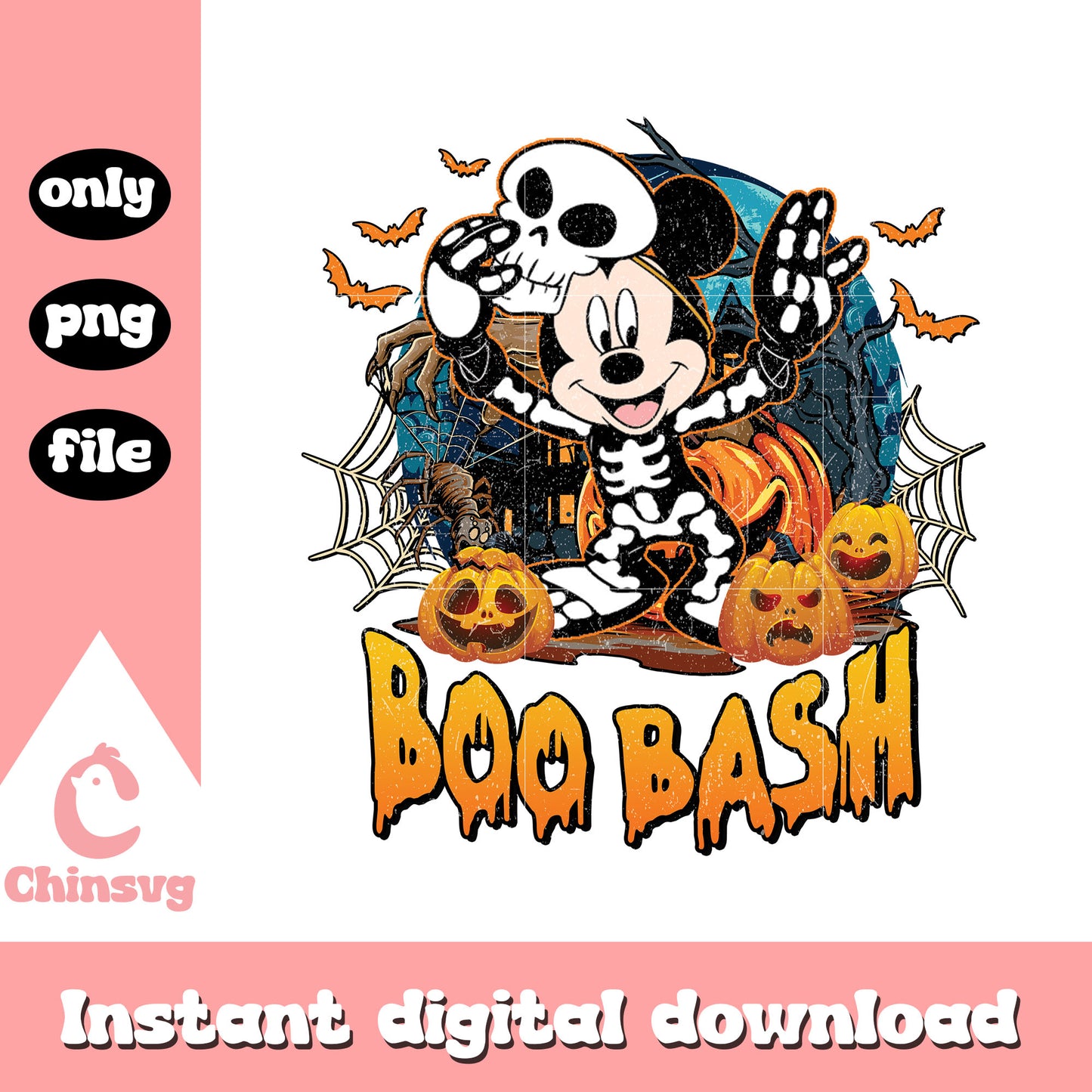 Boo bash mickey mouse skeleton design png, halloween mickey png