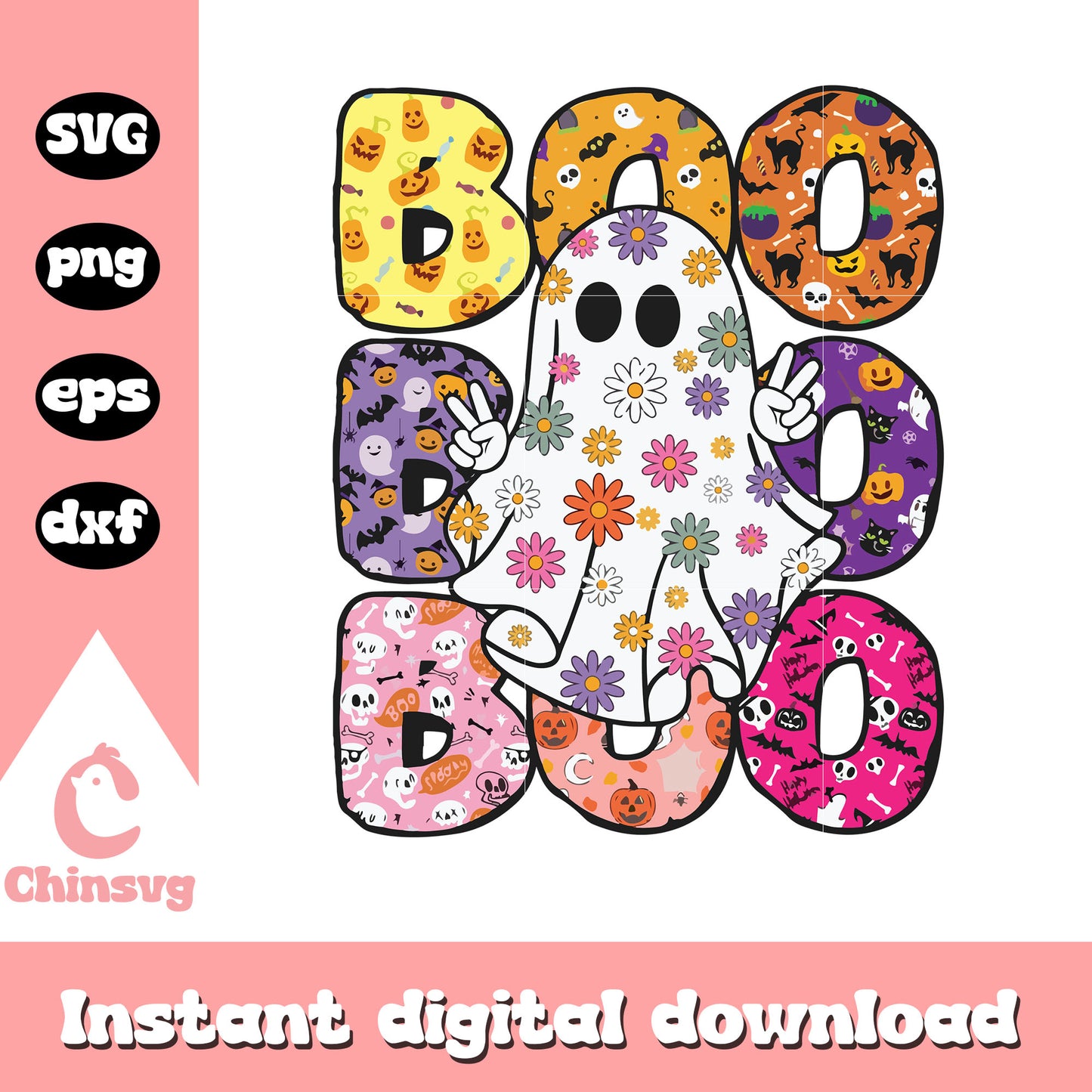 Boo ghost floral halloween vibes design svg, halloween ghost svg