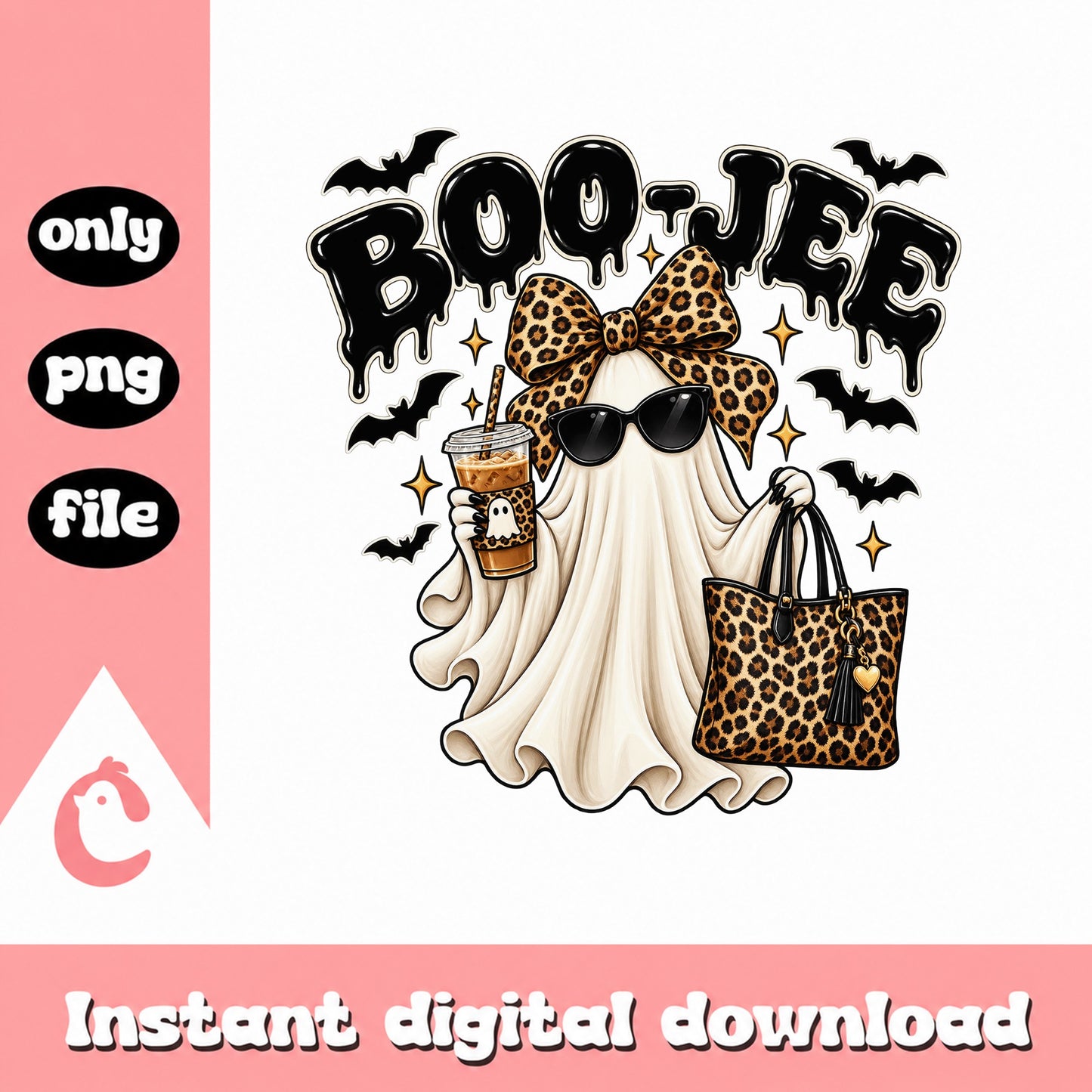 Boojee Ghost Halloween PNG, Leopard Print Boo, Sublimation PNG