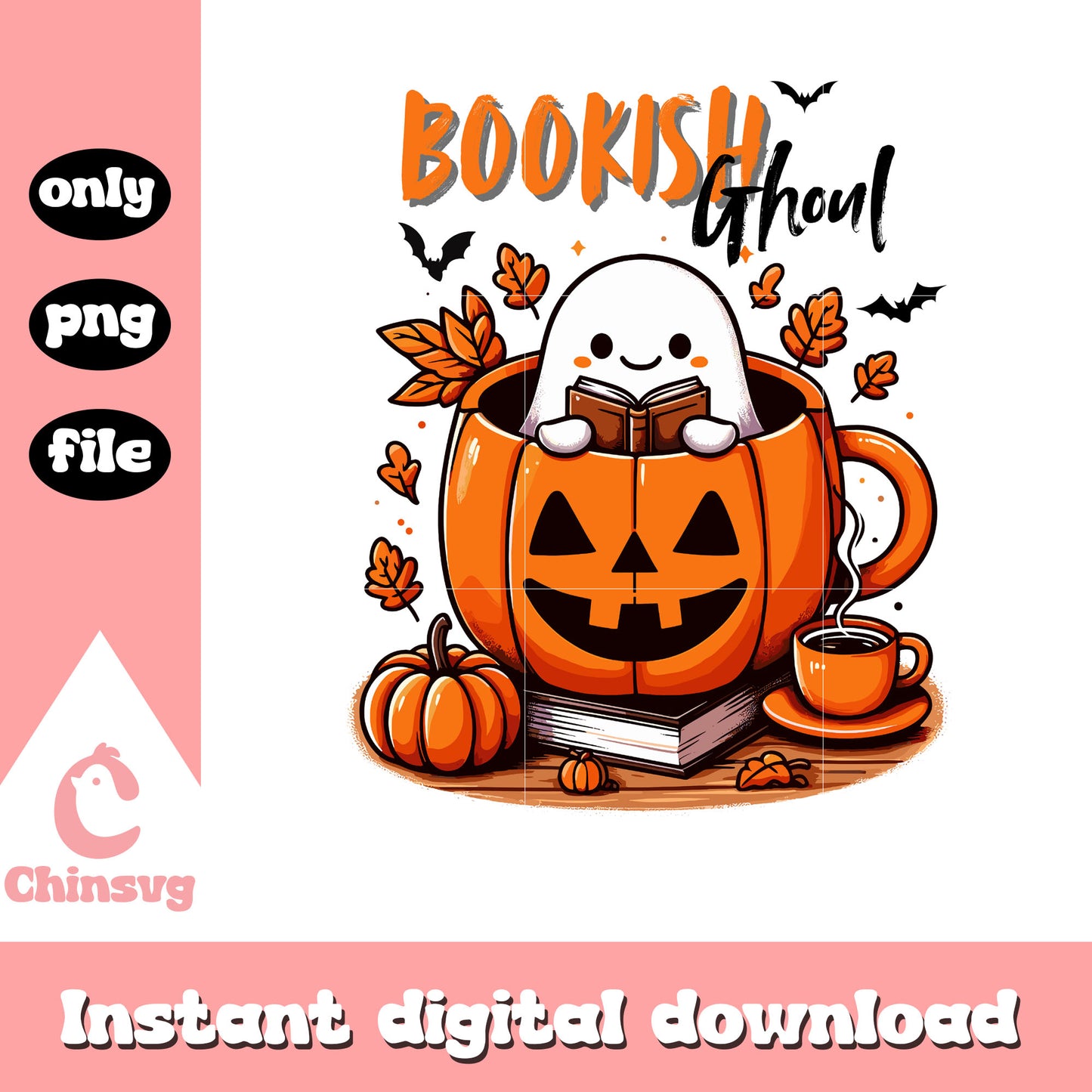 Bookish ghoul ghost and pumpkin cup png, autumn season png