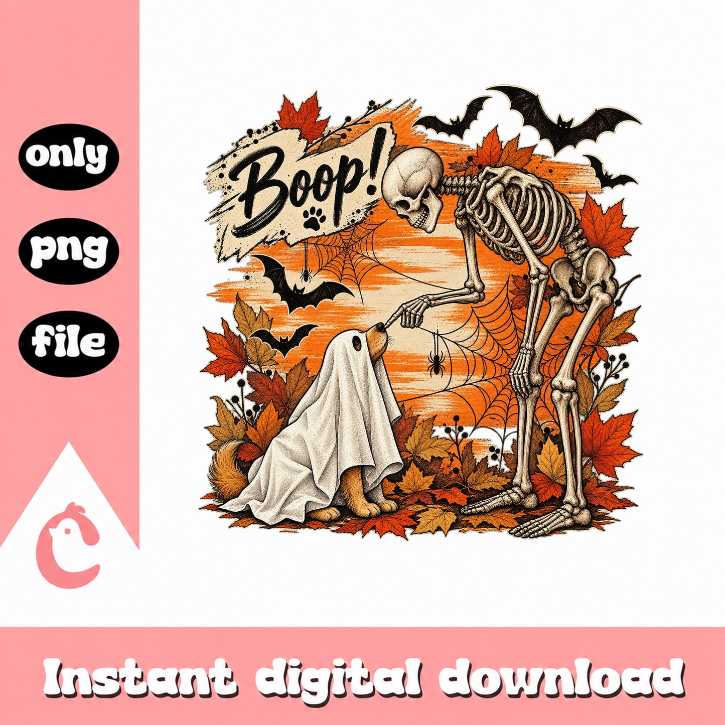 Boop Skeleton Dog Halloween PNG, Ghost Autumn Leaves, Fall PNG