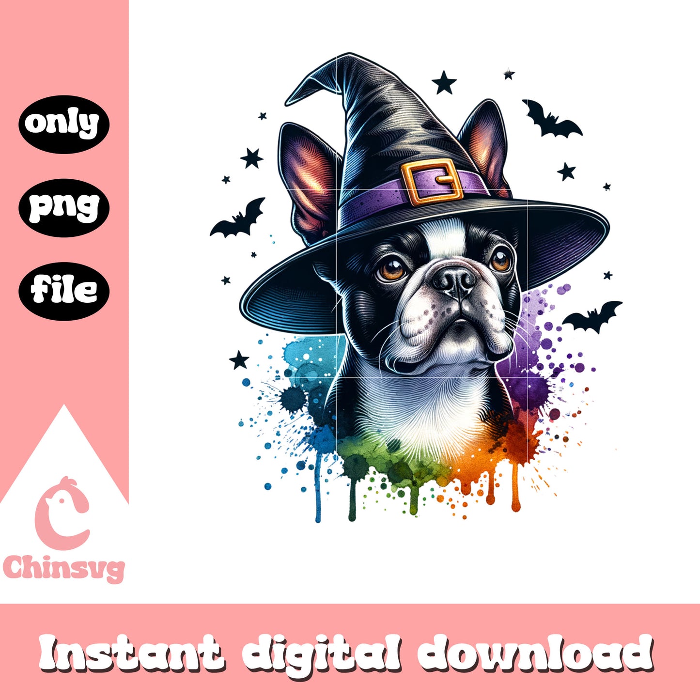 Bosten terrier in witch hat design png, the witch hat png