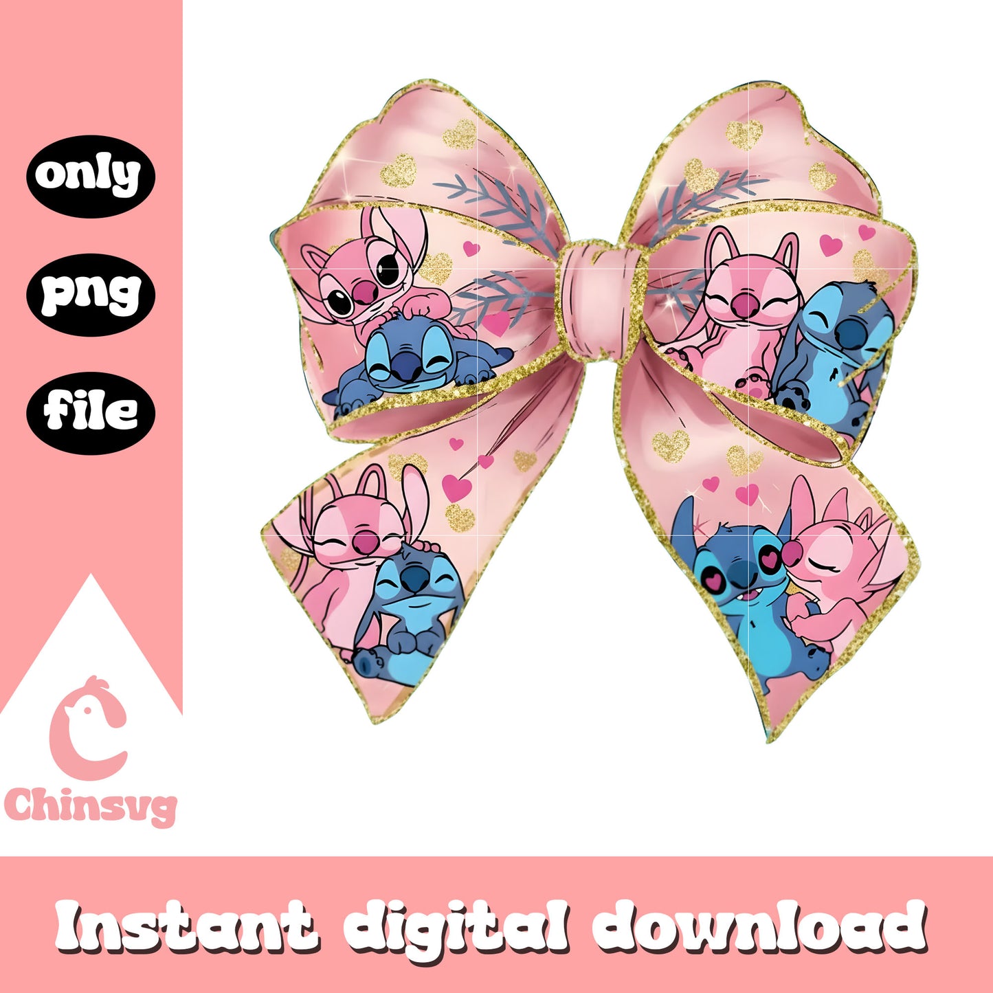 Bow design couple valentine png, valentines stitch png