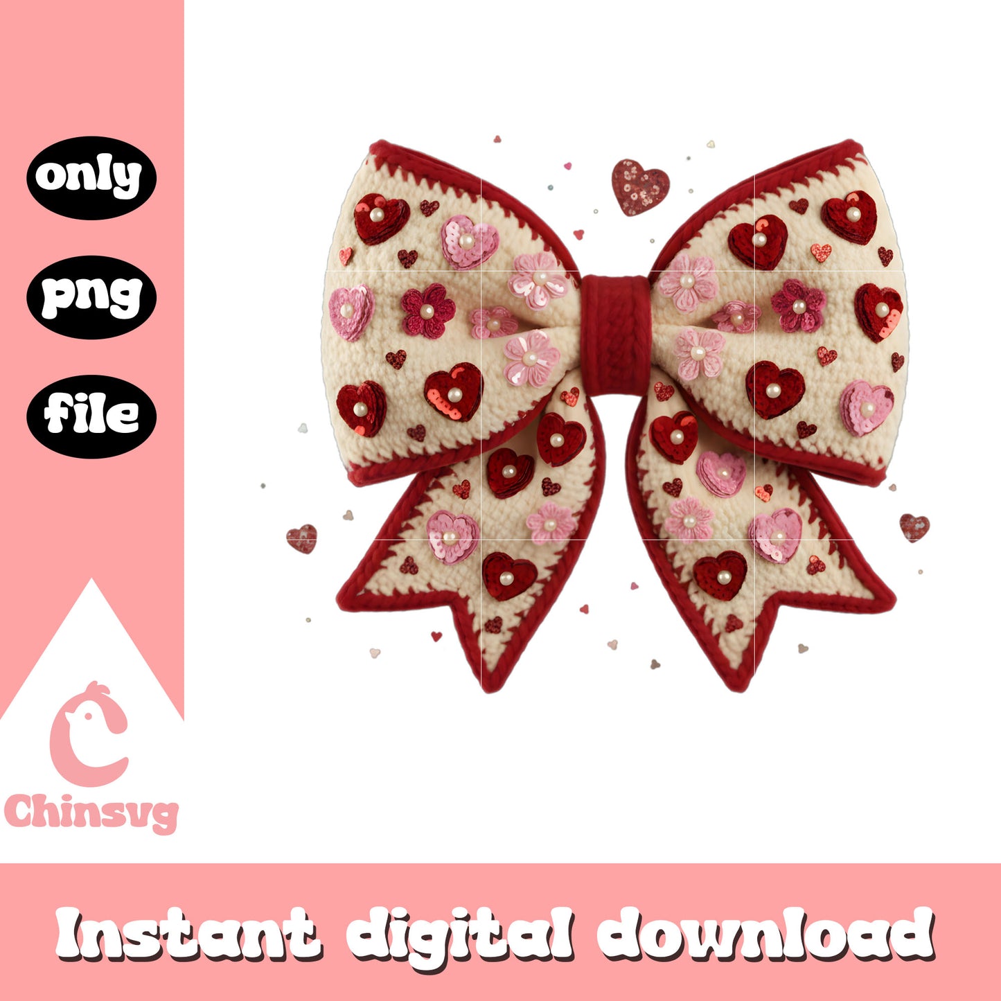 Bow design hearts flower crochet png, valentines bow png