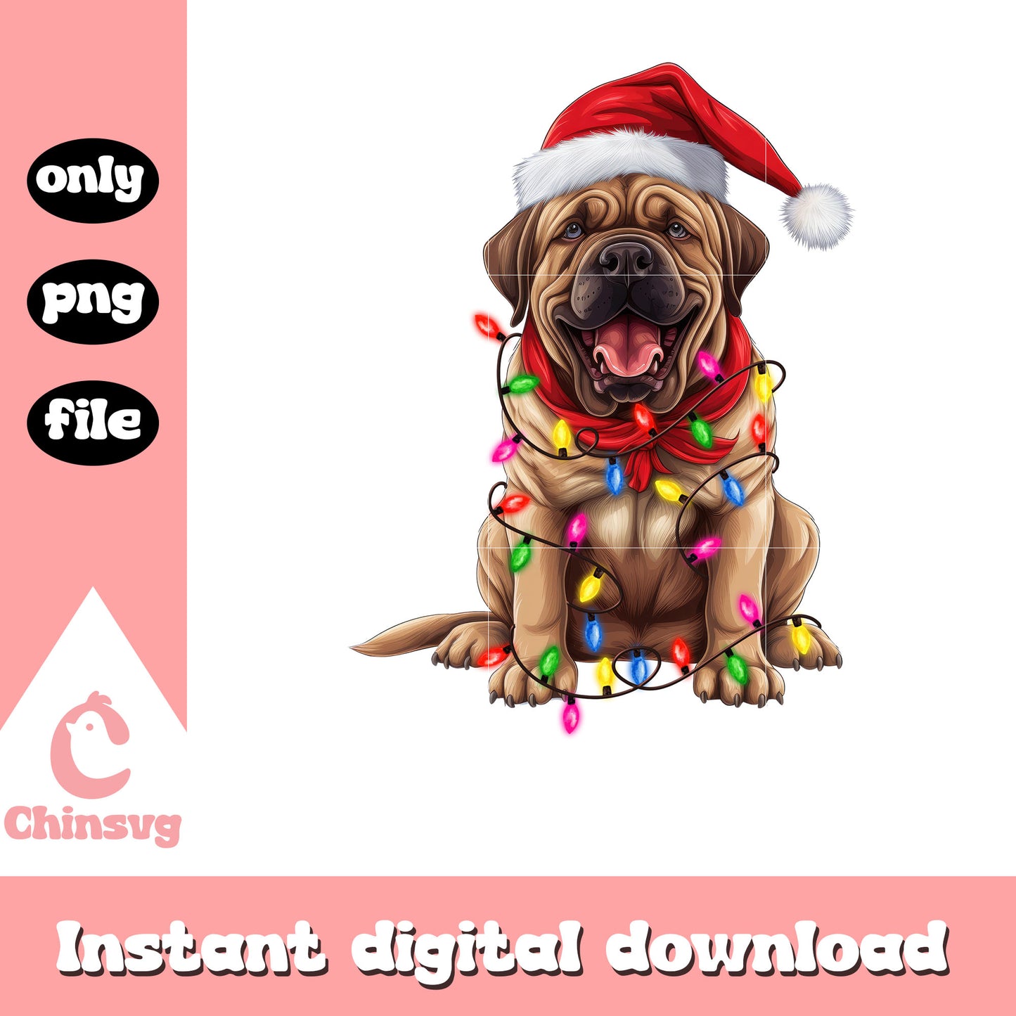 Bullmastiff dog santa hat christmas lights png, bullmastiff dog png