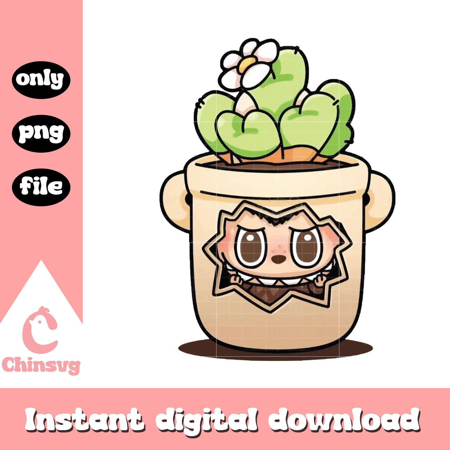 Cactus pot labubu cute doll design png, baby labubu png