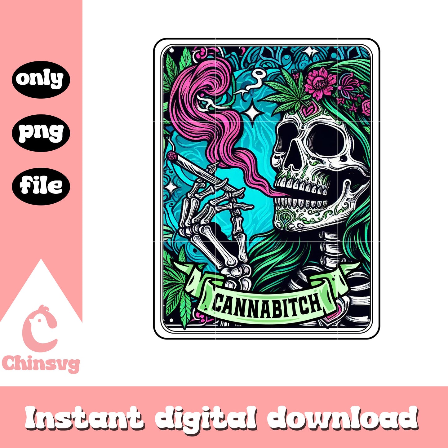 Cannabitch tarot card png, woman skeleton png, vintage floral png