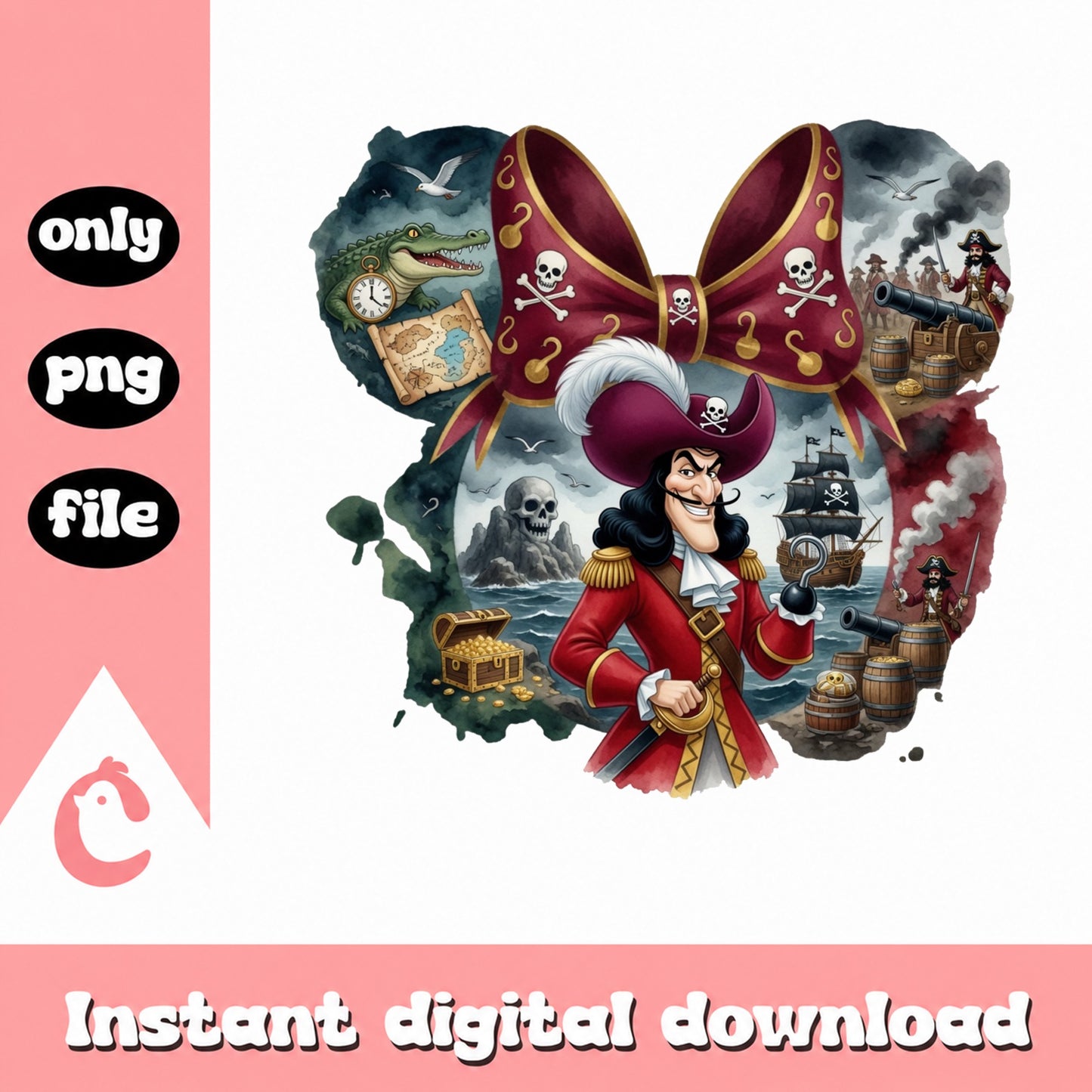 Captain Hook Minnie Bow PNG, Disney Villain Pirate PNG, Peter Pan PNG