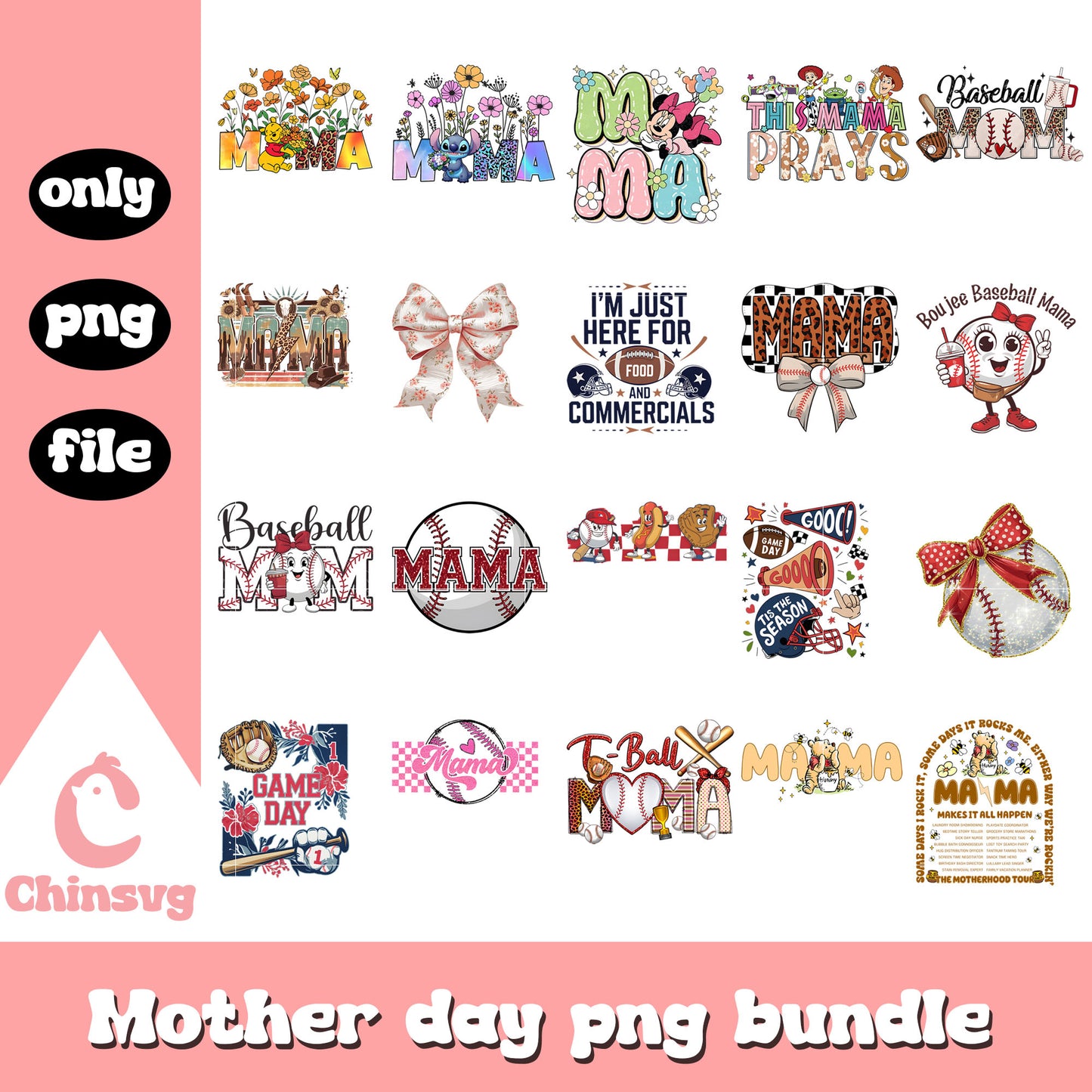 Cartoon characters baseball design bundle png, mother of day png