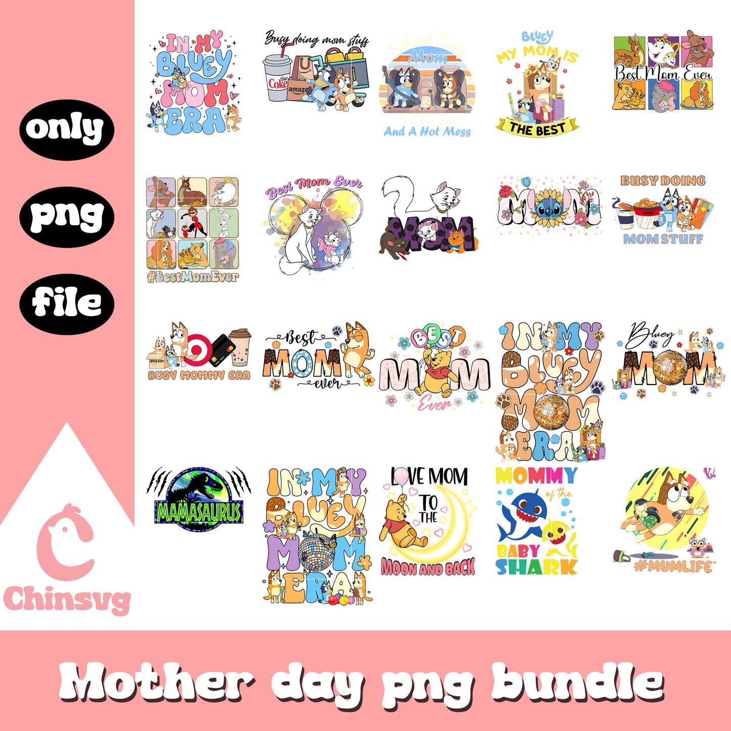 Cartoon characters mother bundle png, happy mother's day png