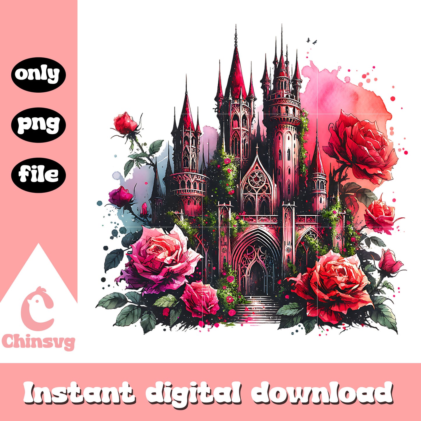 Castle fantasy with rose watercolor png, castle fantasy png