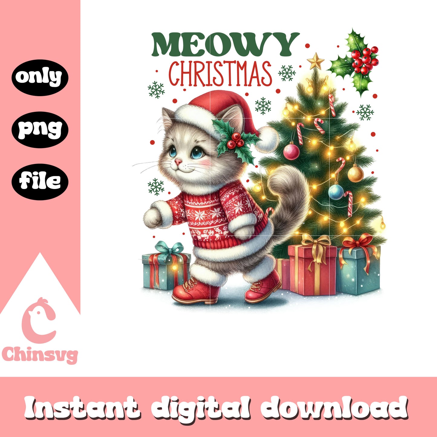 Cat santa hat meowy christmas tree png, christmas lights png