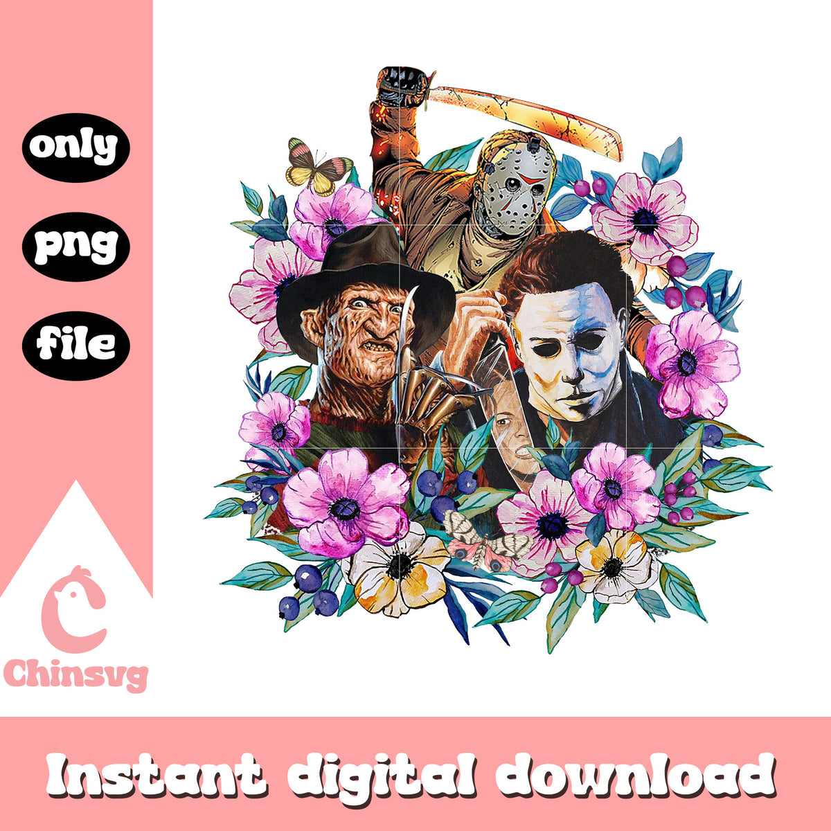 Characters floral colorful halloween design png, happy halloween png