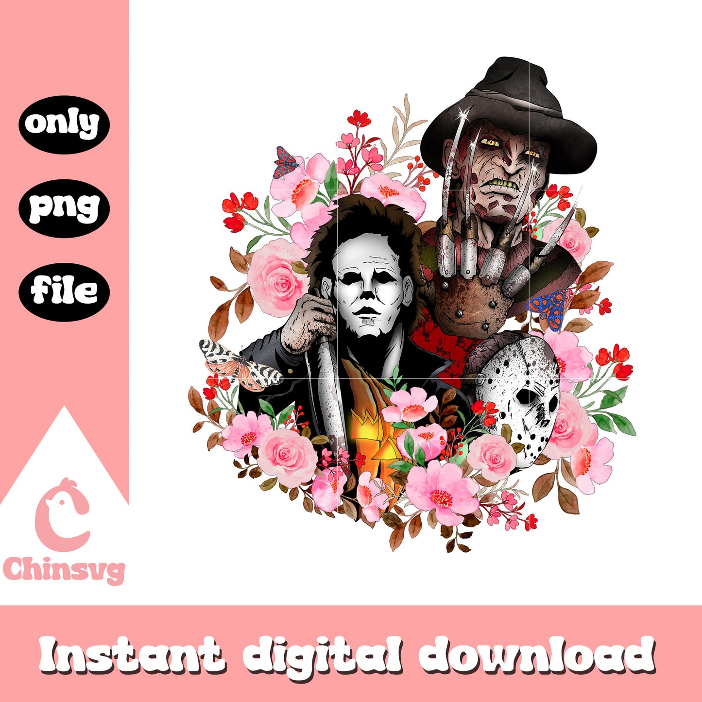 Characters horror floral design png, horror movie characters png